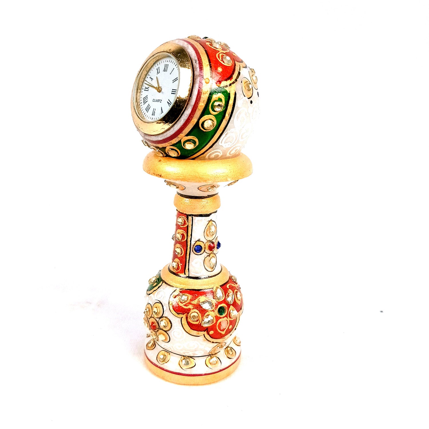 Marble Pillar Clock/Watch with Meenakari Work - Detachable Globe Design Clock - for Home, Living Room, Study Table, Desk, Office Decor & Gifts - 6 Inch - Apkamart