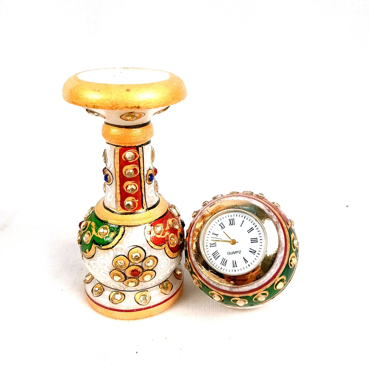 Marble Pillar Clock/Watch with Meenakari Work - Detachable Globe Design Clock - for Home, Living Room, Study Table, Desk, Office Decor & Gifts - 6 Inch - Apkamart