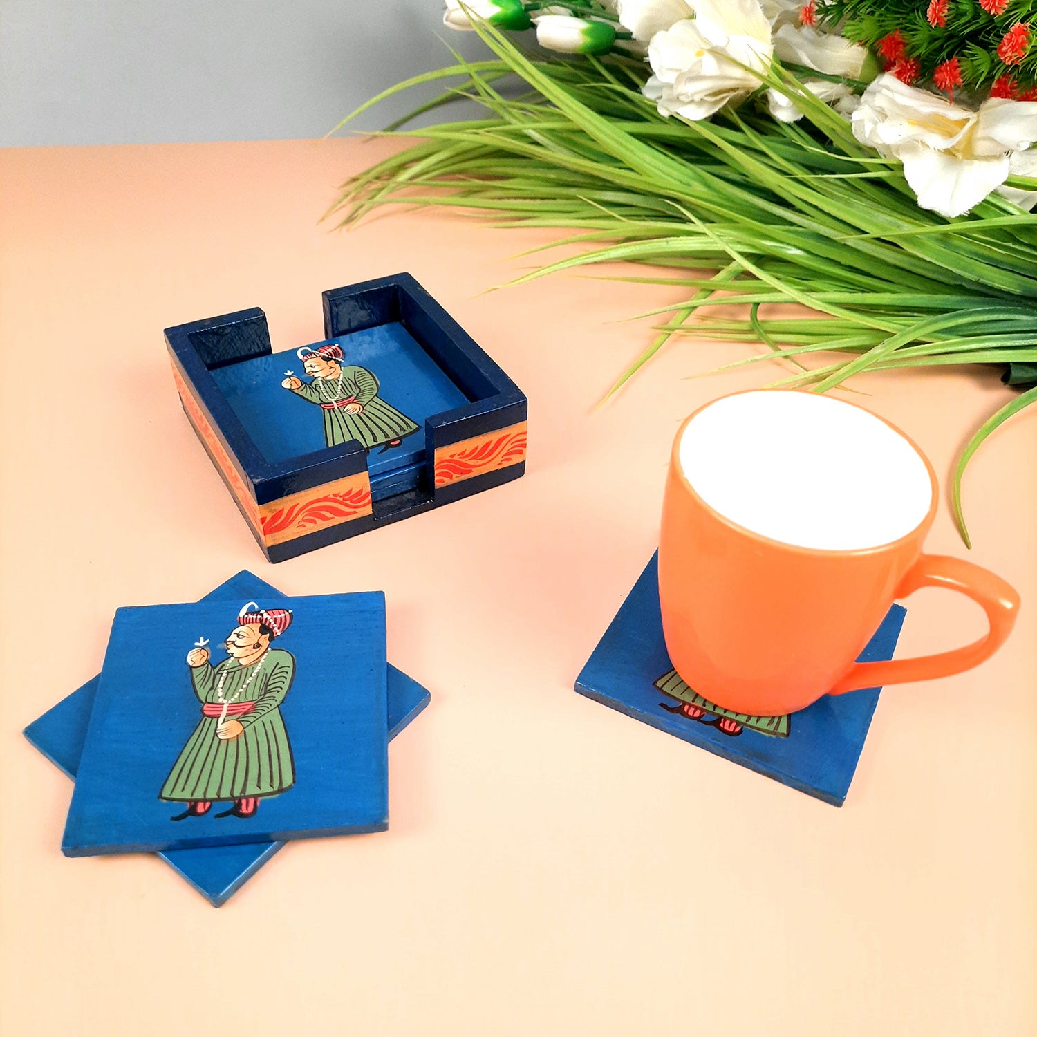 Tea Coasters Set | Wooden Coaster Mats - King Design | Drink Coasters with Holder - for Coffee Table, Center Table, Kitchen, Bar, Hot Pots, Cups, Mugs - 4 Inch (Set of 6) - apkamart #style_Design 1