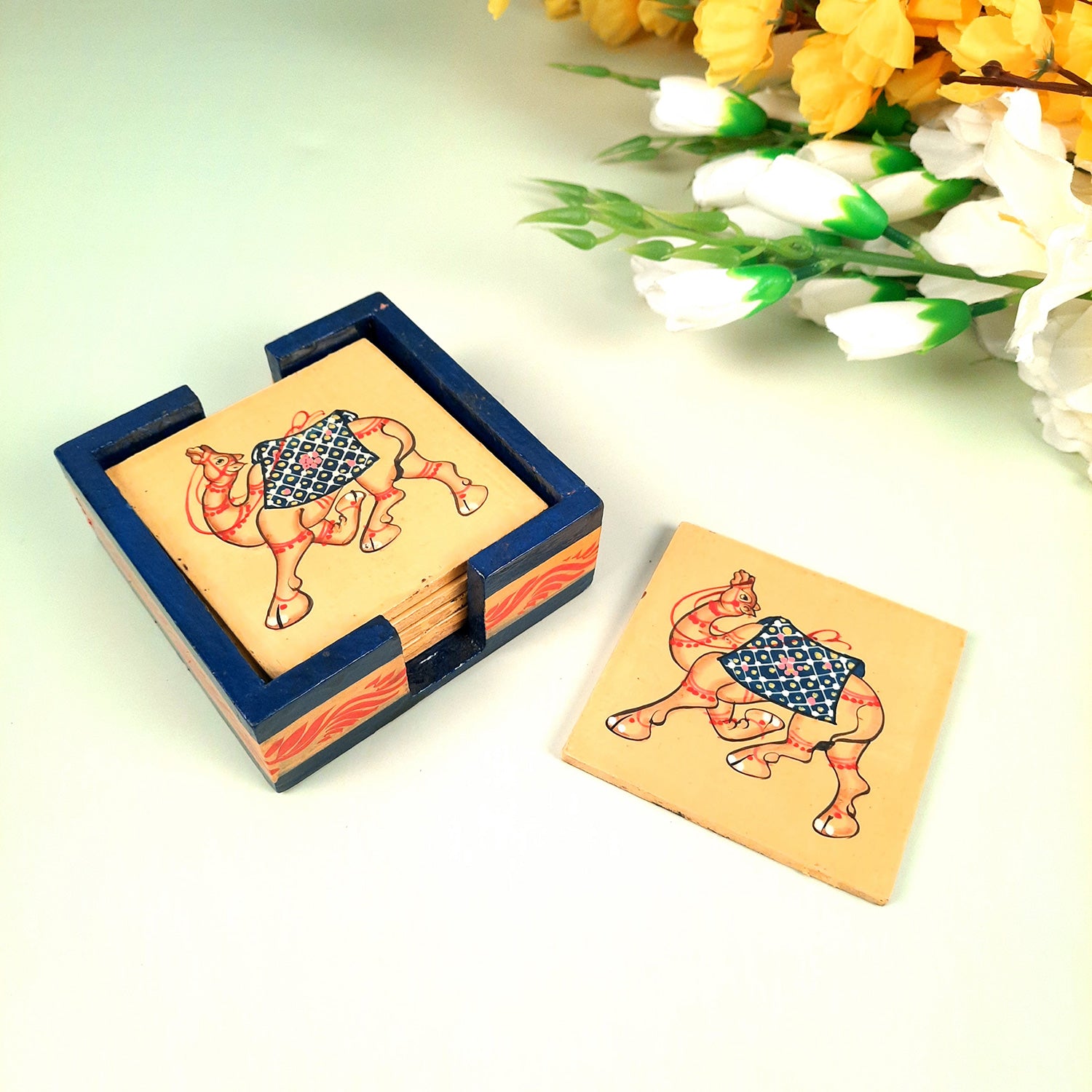 Tea Coasters | Wooden Coffee Coaster Set with Stand - Camel Design | Dining Table Decor - for Kitchen, Bar, Tables, Hot Pots, Cups, Mugs - 4 Inch (Set of 6) - apkamart #style_Design 1