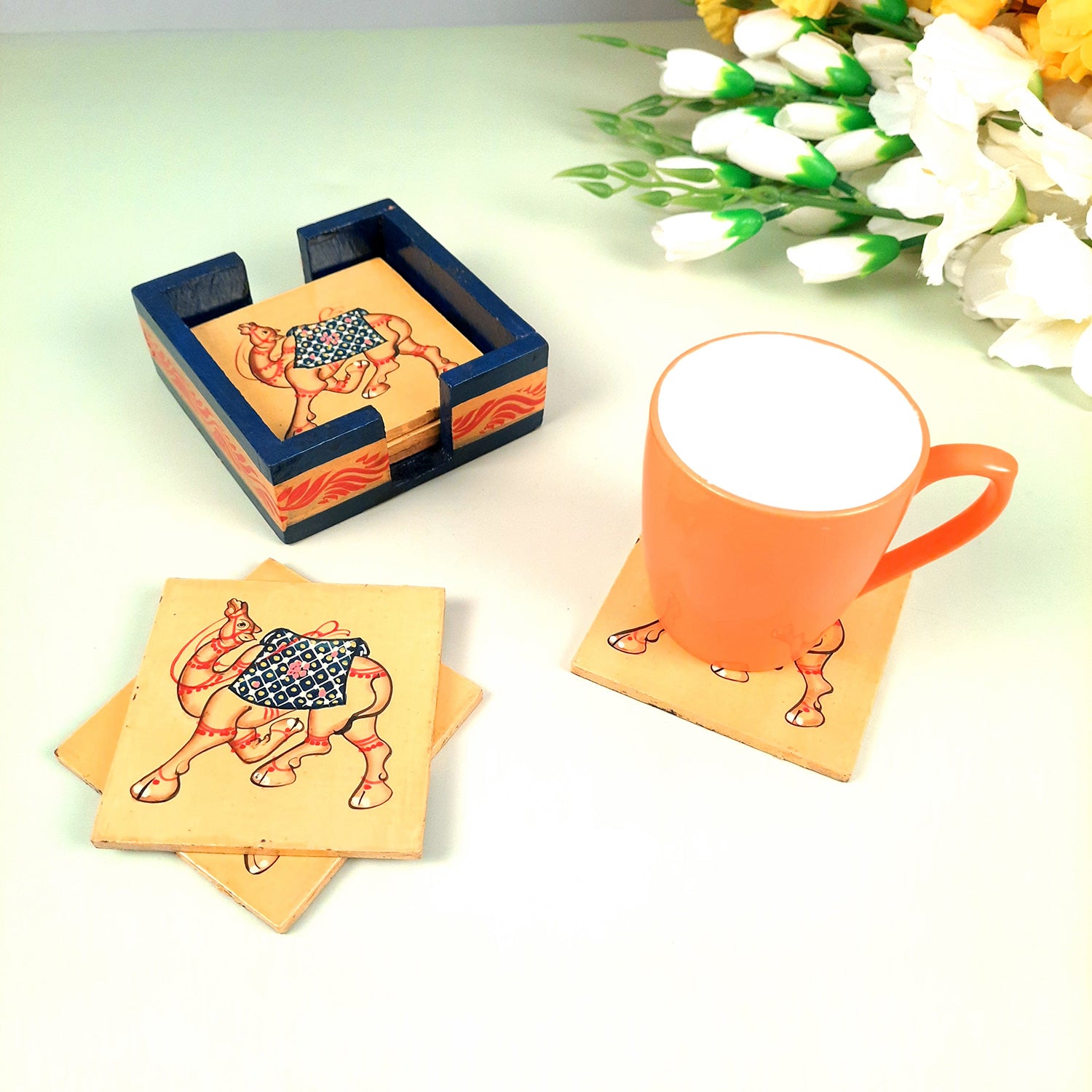 Tea Coasters | Wooden Coffee Coaster Set with Stand - Camel Design | Dining Table Decor - for Kitchen, Bar, Tables, Hot Pots, Cups, Mugs - 4 Inch (Set of 6) - apkamart #style_Design 1