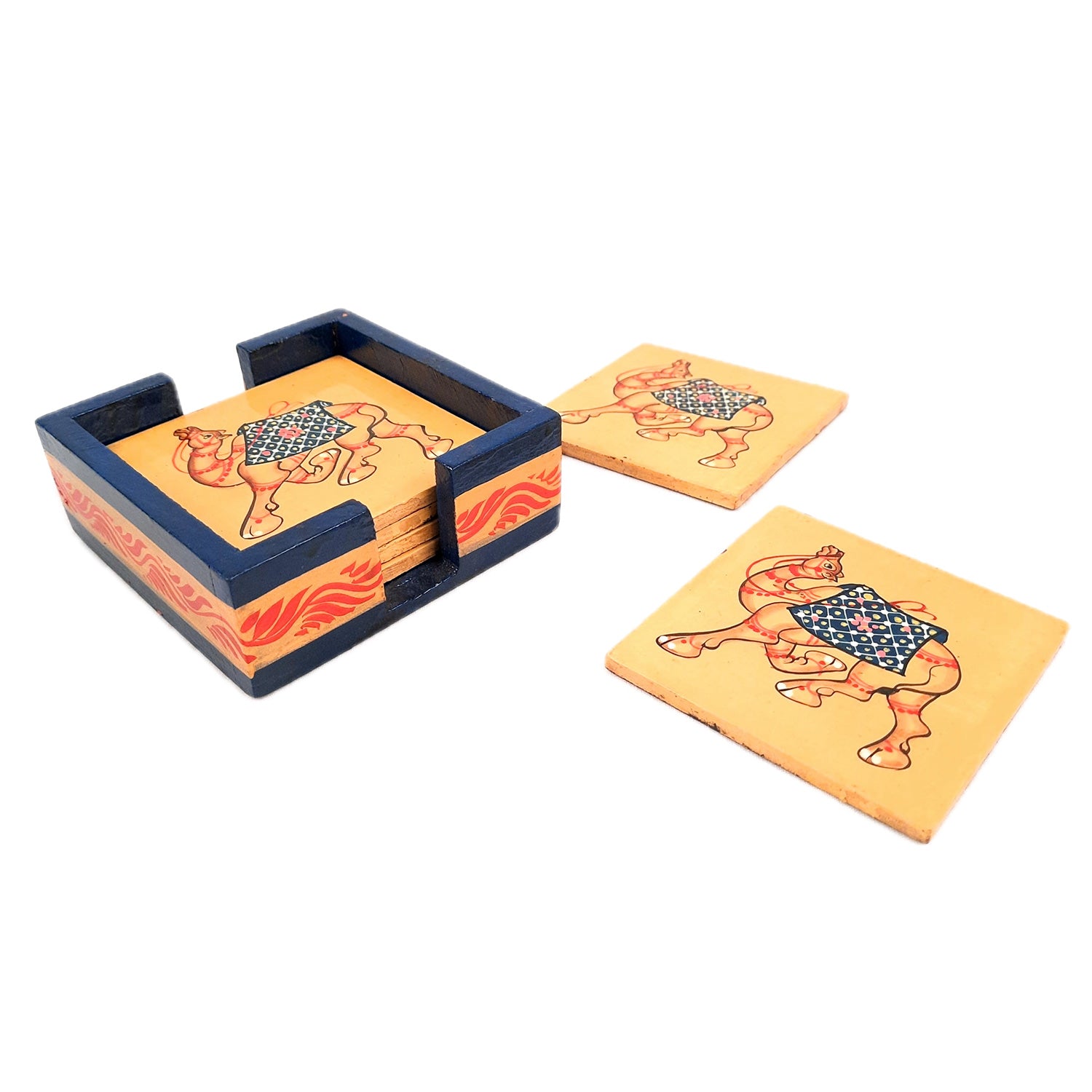 Tea Coasters | Wooden Coffee Coaster Set with Stand - Camel Design | Dining Table Decor - for Kitchen, Bar, Tables, Hot Pots, Cups, Mugs - 4 Inch (Set of 6) - apkamart #style_Design 1