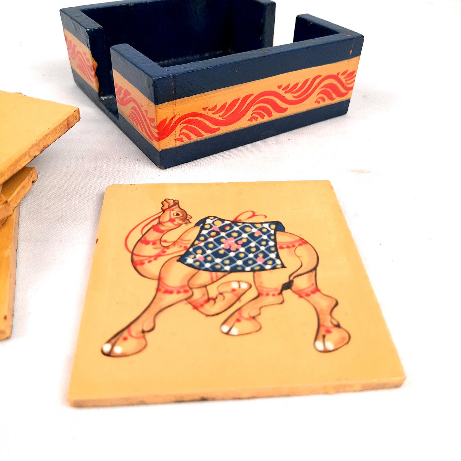 Tea Coasters | Wooden Coffee Coaster Set with Stand - Camel Design | Dining Table Decor - for Kitchen, Bar, Tables, Hot Pots, Cups, Mugs - 4 Inch (Set of 6) - apkamart #style_Design 1