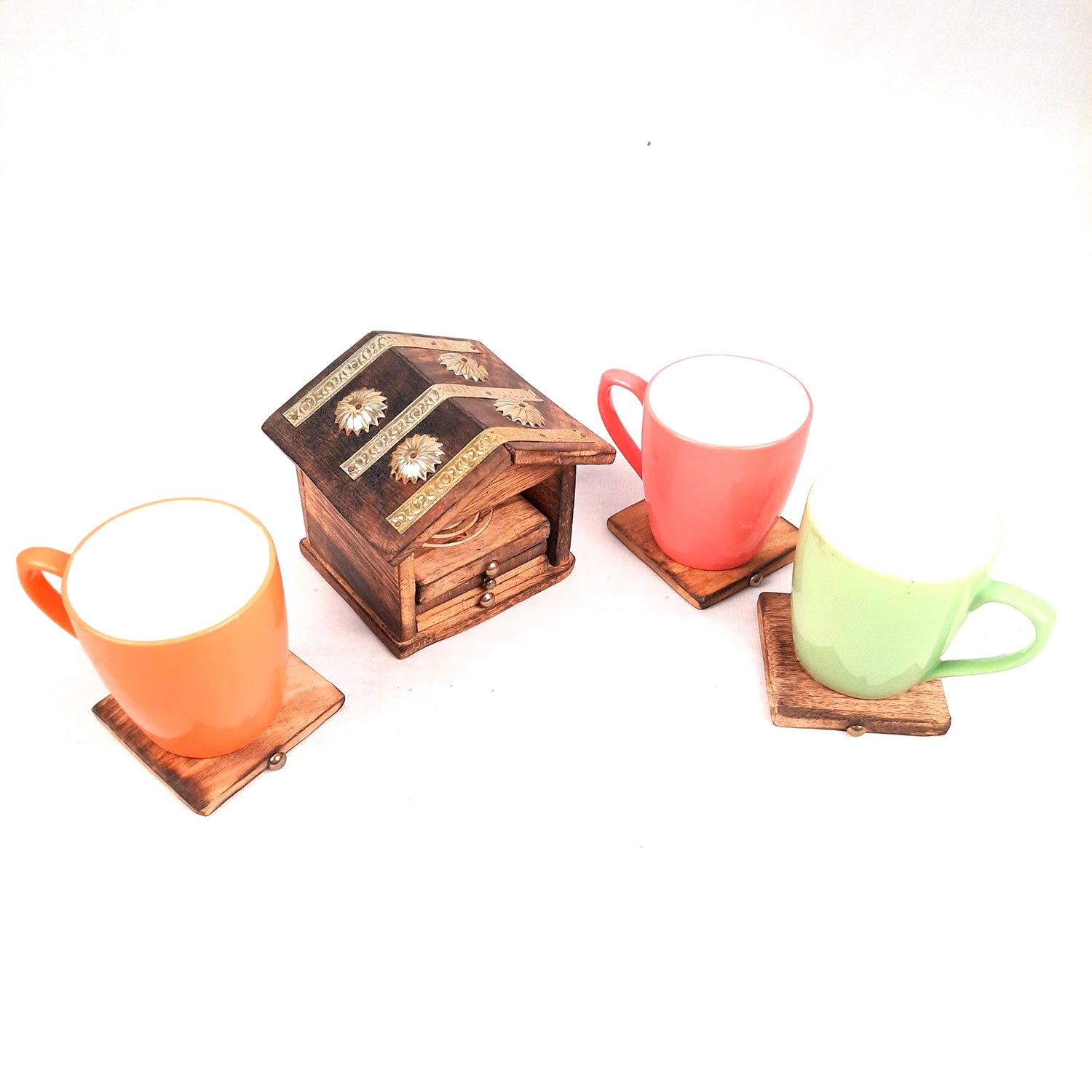 Tea Coasters - Hut Design | Wooden Coffee Coaster Set with Stand | Heat Pad | Dining Table Decor - for Kitchen, Bar, Tables, Hot Pots, Cups, Mugs - Set of 6 - apkamart #Style_Design 1