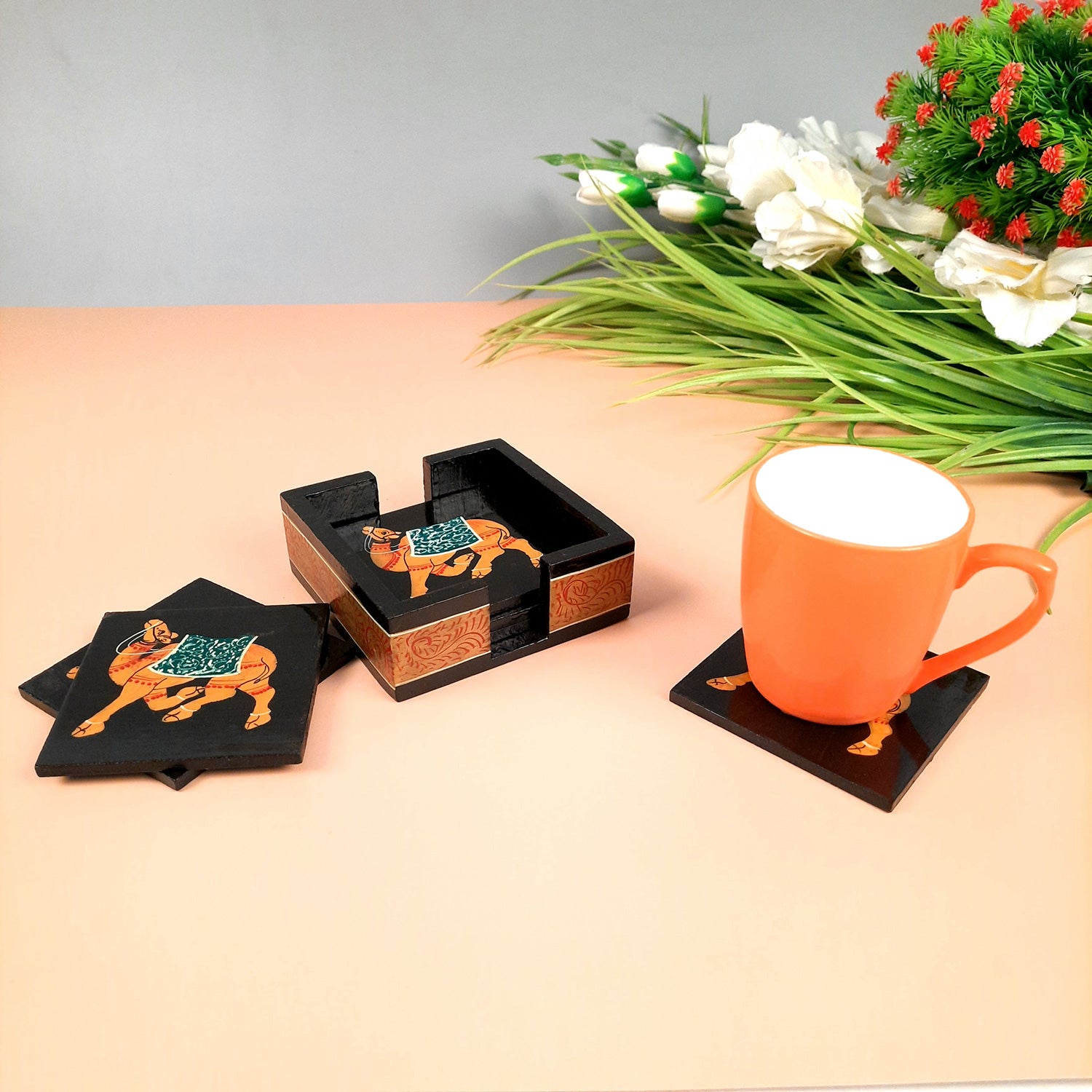 Tea Coasters | Wooden Coffee Coaster Set with Stand - Camel Design | Dining Table Decor - for Kitchen, Bar, Tables, Hot Pots, Cups, Mugs - 4 Inch (Set of 6) - apkamart #style_Design 2