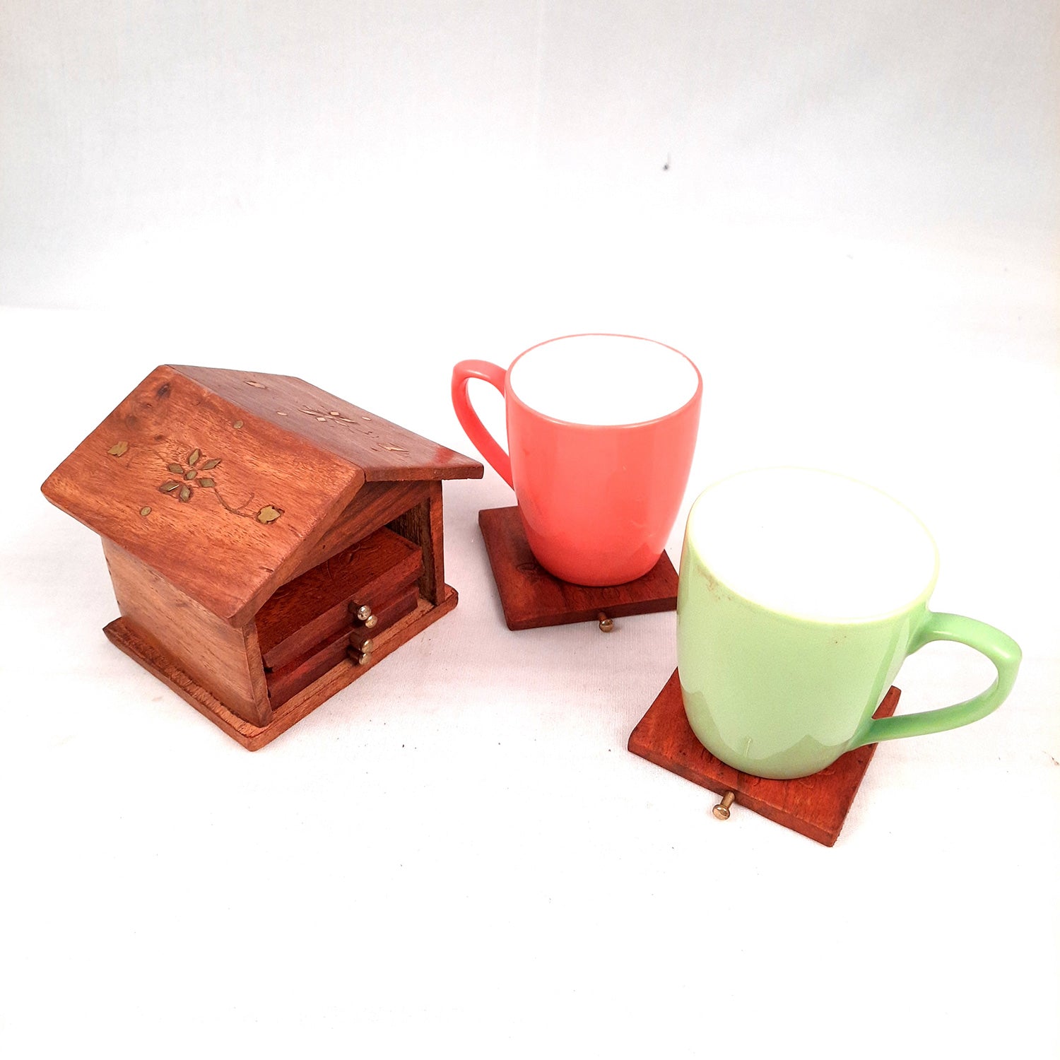 Tea Coasters - Hut Design | Wooden Coffee Coaster Set with Stand | Heat Pad | Dining Table Decor - for Kitchen, Bar, Tables, Hot Pots, Cups, Mugs - Set of 6 - apkamart #Style_Design 2