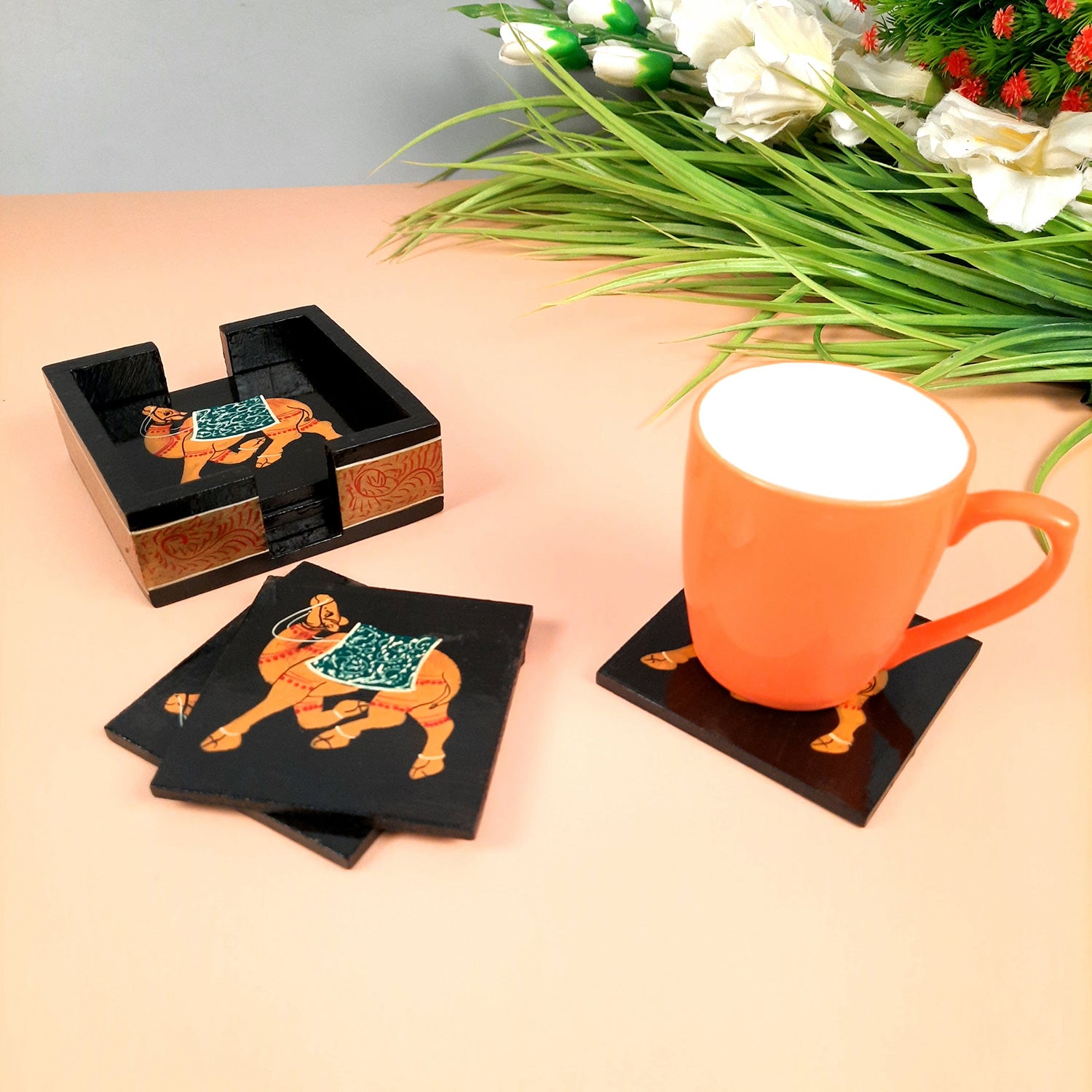 Tea Coasters | Wooden Coffee Coaster Set with Stand - Camel Design | Dining Table Decor - for Kitchen, Bar, Tables, Hot Pots, Cups, Mugs - 4 Inch (Set of 6) - apkamart #style_Design 2