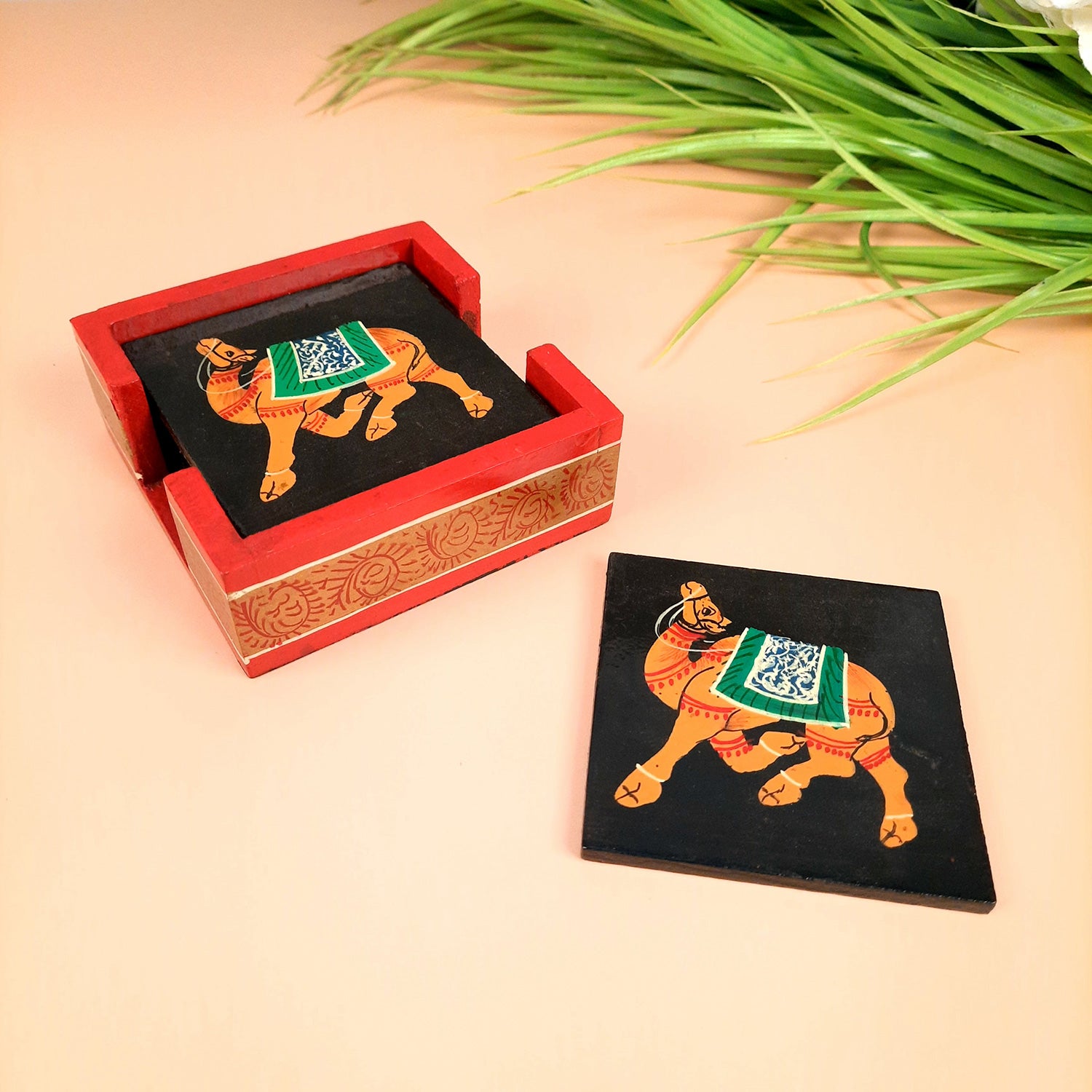 Tea Coasters | Wooden Coffee Coaster Set with Stand - Camel Design | Dining Table Decor - for Kitchen, Bar, Tables, Hot Pots, Cups, Mugs - 4 Inch (Set of 6) - apkamart #style_Design 3