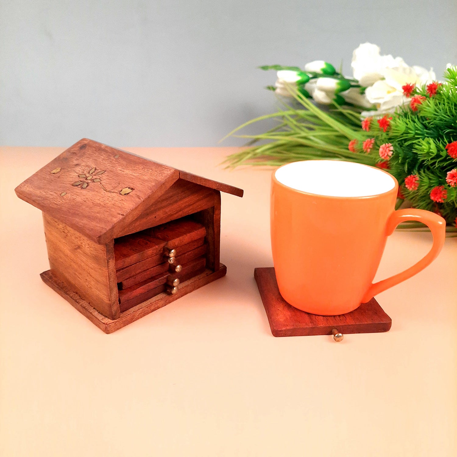 Tea Coasters - Hut Design | Wooden Coffee Coaster Set with Stand | Heat Pad | Dining Table Decor - for Kitchen, Bar, Tables, Hot Pots, Cups, Mugs - Set of 6 - apkamart #Style_Design 2