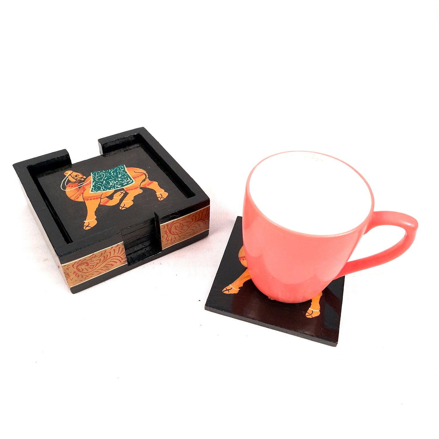 Tea Coasters | Wooden Coffee Coaster Set with Stand - Camel Design | Dining Table Decor - for Kitchen, Bar, Tables, Hot Pots, Cups, Mugs - 4 Inch (Set of 6) - apkamart #style_Design 2