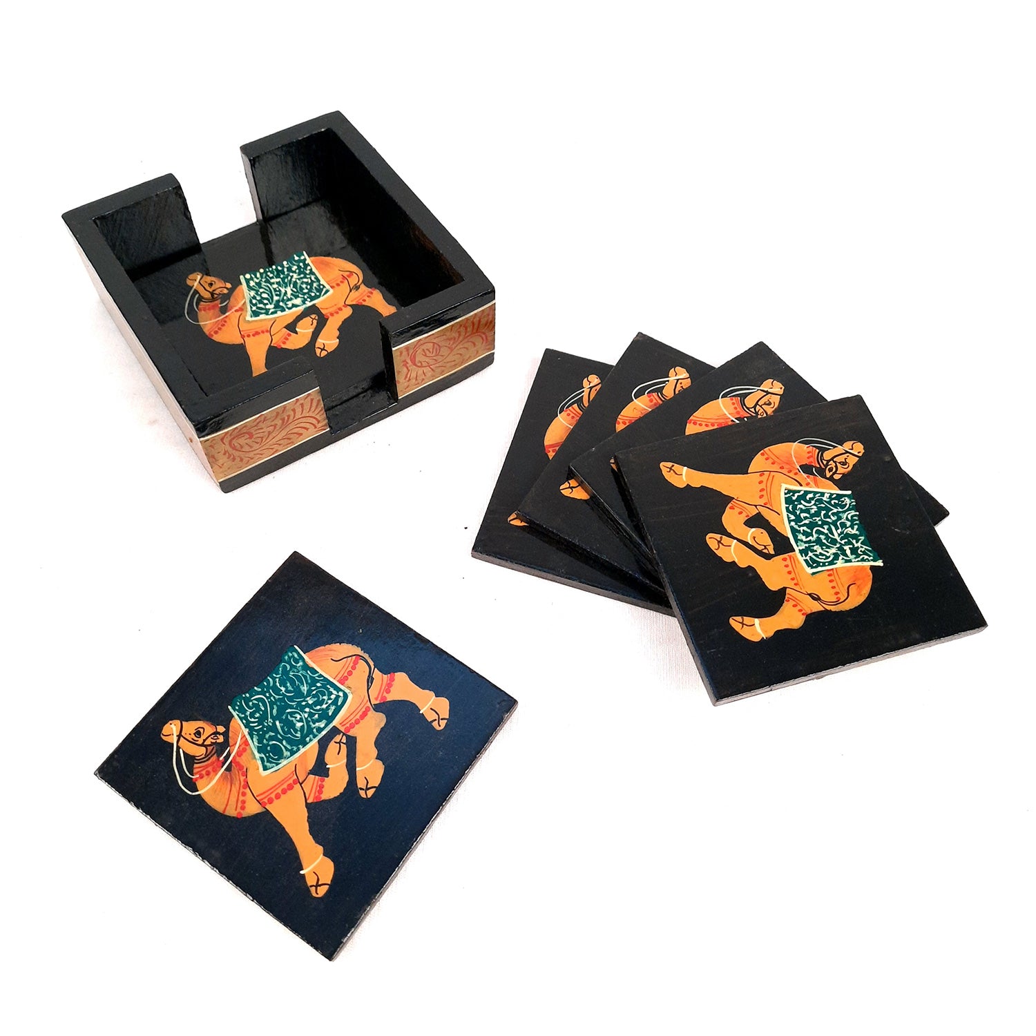 Tea Coasters | Wooden Coffee Coaster Set with Stand - Camel Design | Dining Table Decor - for Kitchen, Bar, Tables, Hot Pots, Cups, Mugs - 4 Inch (Set of 6) - apkamart #style_Design 2