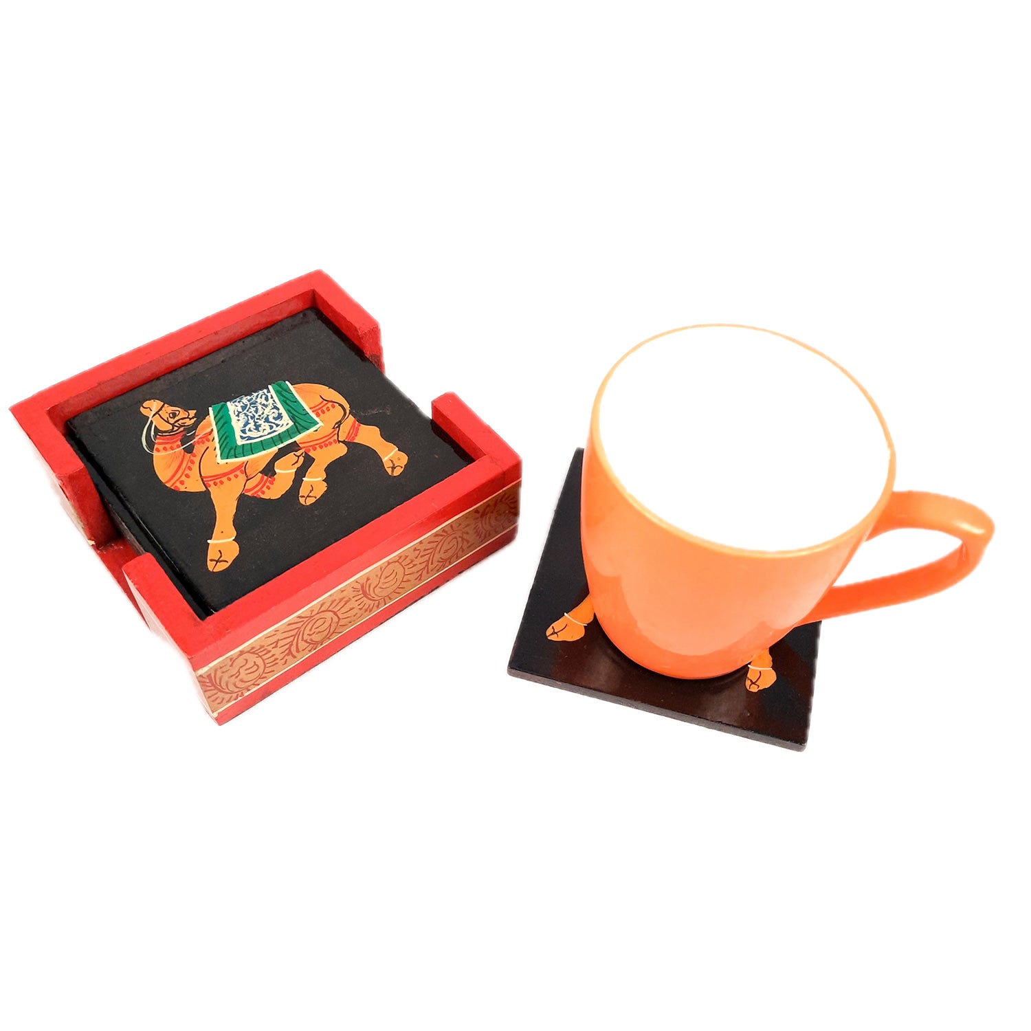 Tea Coasters | Wooden Coffee Coaster Set with Stand - Camel Design | Dining Table Decor - for Kitchen, Bar, Tables, Hot Pots, Cups, Mugs - 4 Inch (Set of 6) - apkamart #style_Design 3