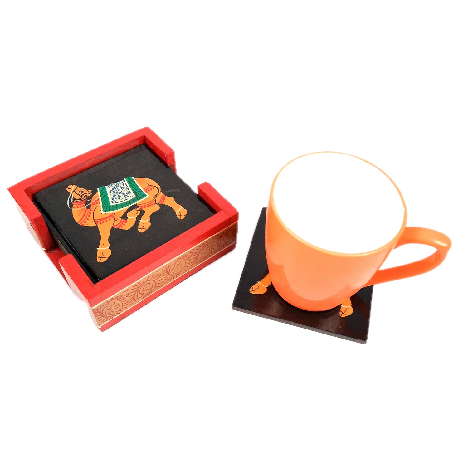 Tea Coasters | Wooden Coffee Coaster Set with Stand - Camel Design | Dining Table Decor - for Kitchen, Bar, Tables, Hot Pots, Cups, Mugs - 4 Inch (Set of 6) - apkamart #style_Design 3