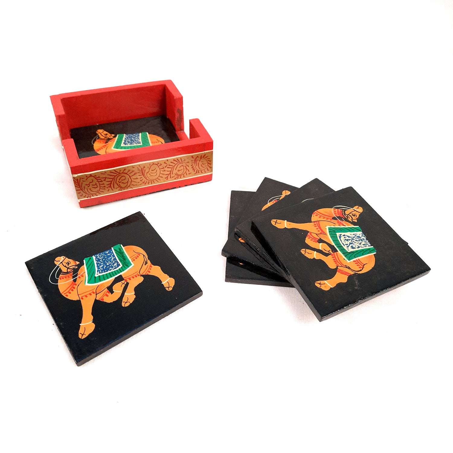 Tea Coasters | Wooden Coffee Coaster Set with Stand - Camel Design | Dining Table Decor - for Kitchen, Bar, Tables, Hot Pots, Cups, Mugs - 4 Inch (Set of 6) - apkamart #style_Design 3