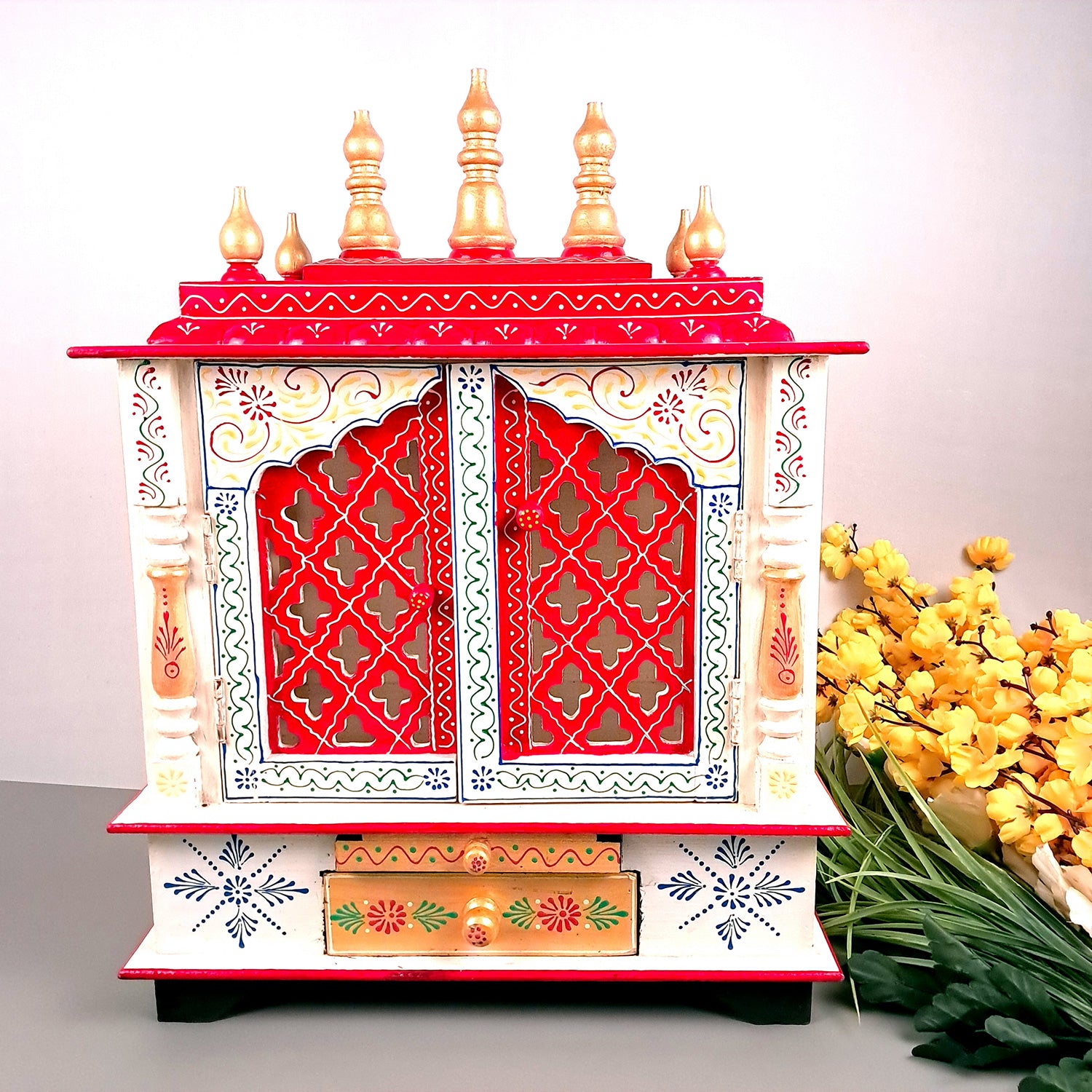 Home Temple Wooden | Pooja Mandir With Drawer & Sliding Plate for Keeping Diya & Agarbatti Stand With Door – For God, House, Puja Ghar, Office & Shop - Apkamart #color_White