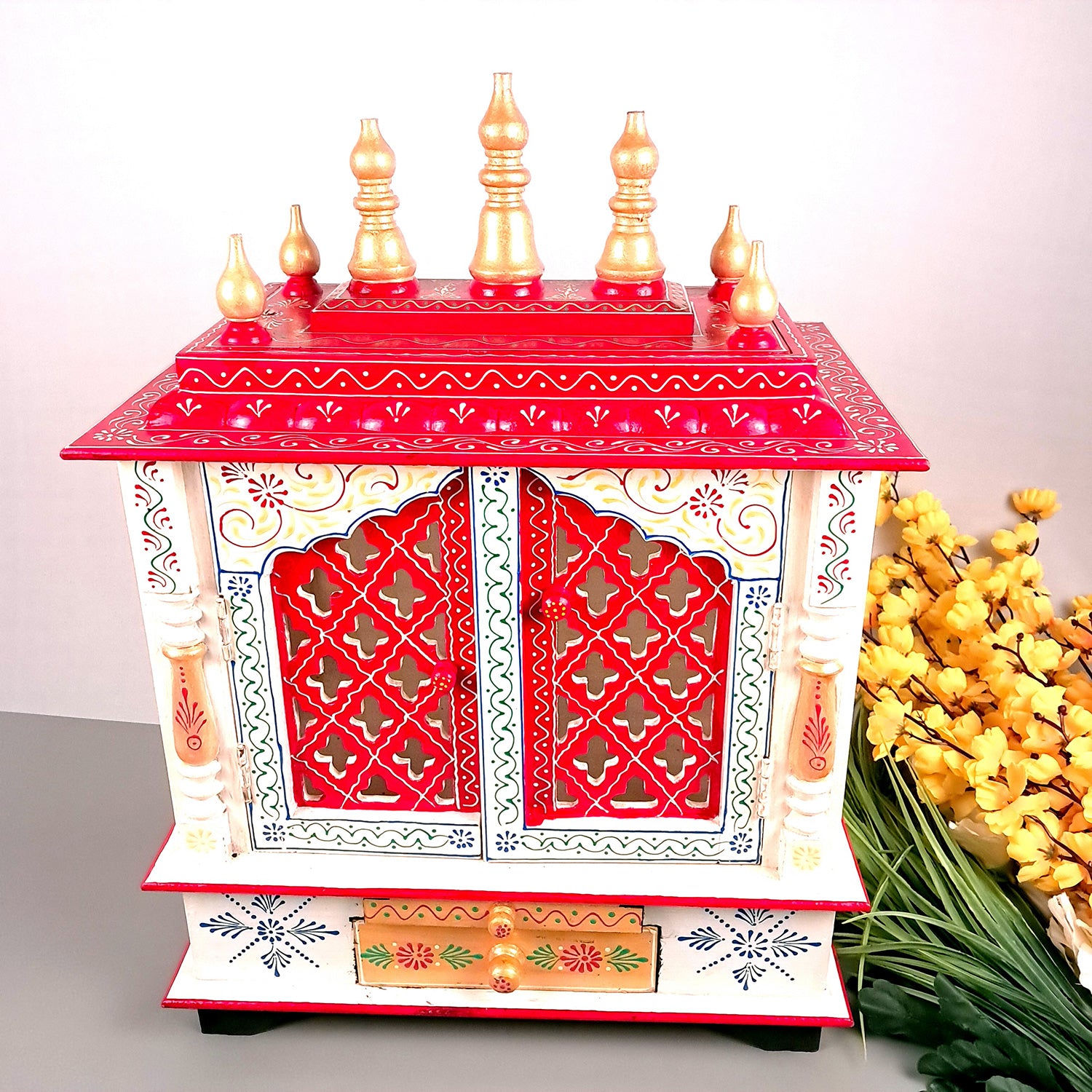 Home Temple Wooden | Pooja Mandir With Drawer & Sliding Plate for Keeping Diya & Agarbatti Stand With Door – For God, House, Puja Ghar, Office & Shop - Apkamart #color_White