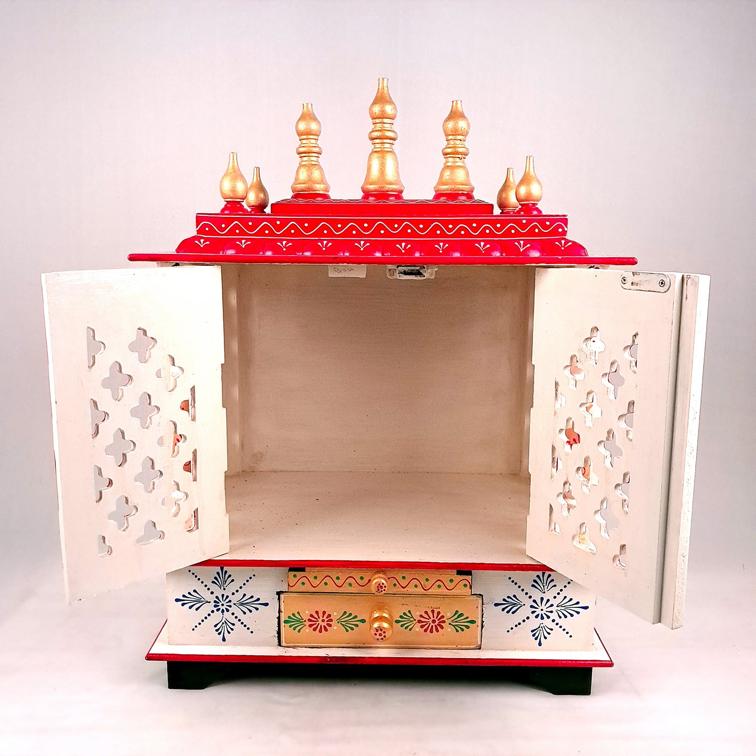 Home Temple Wooden | Pooja Mandir With Drawer & Sliding Plate for Keeping Diya & Agarbatti Stand With Door – For God, House, Puja Ghar, Office & Shop - Apkamart #color_White