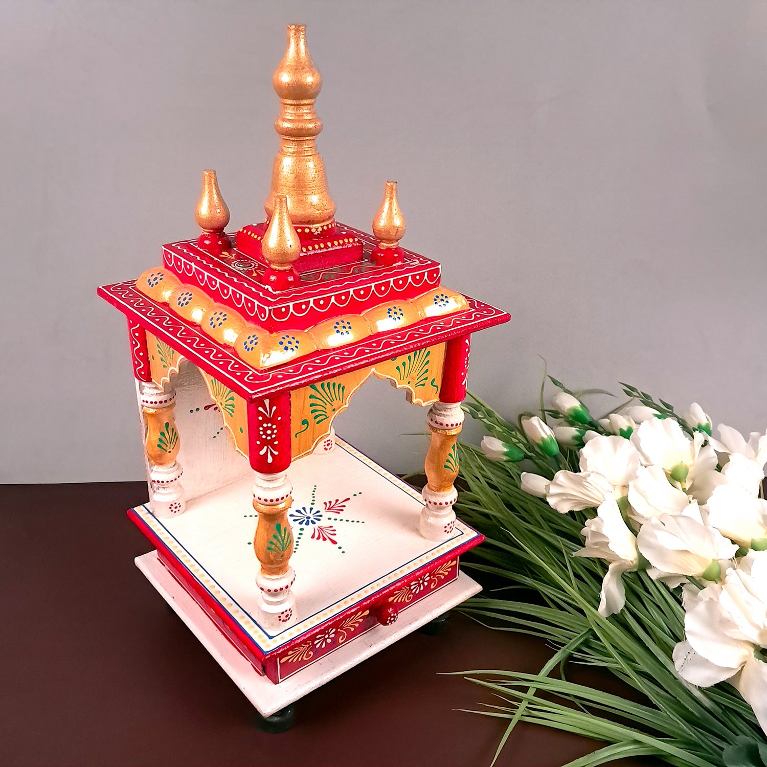 Pooja Mandir With Drawer | Home Temple Wooden Wall Mounted With Storage | Hanging Puja Stand / Unit - Apkamart #Color_White