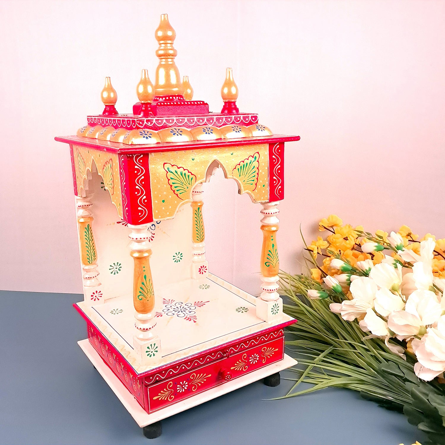 Pooja Temple With Drawer | Big Temple For Home With Storage | Wooden Mandir Stand | Puja Unit Wall Mounted – For House, Puja, Office & Shop - apkamart #Color_White