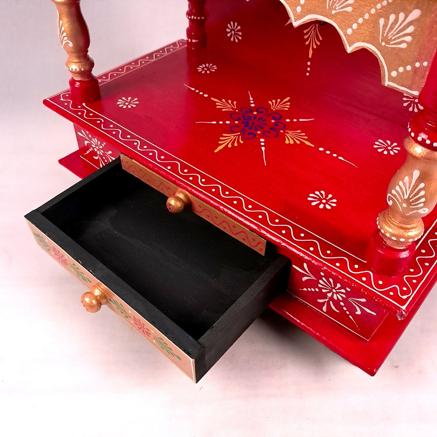 Home Temple Wooden | Pooja Mandir With Drawer & Sliding Plate for Keeping Diya & Agarbatti Stand – For God, House, Puja Ghar, Office & Shop - Apkamart #Color_Red