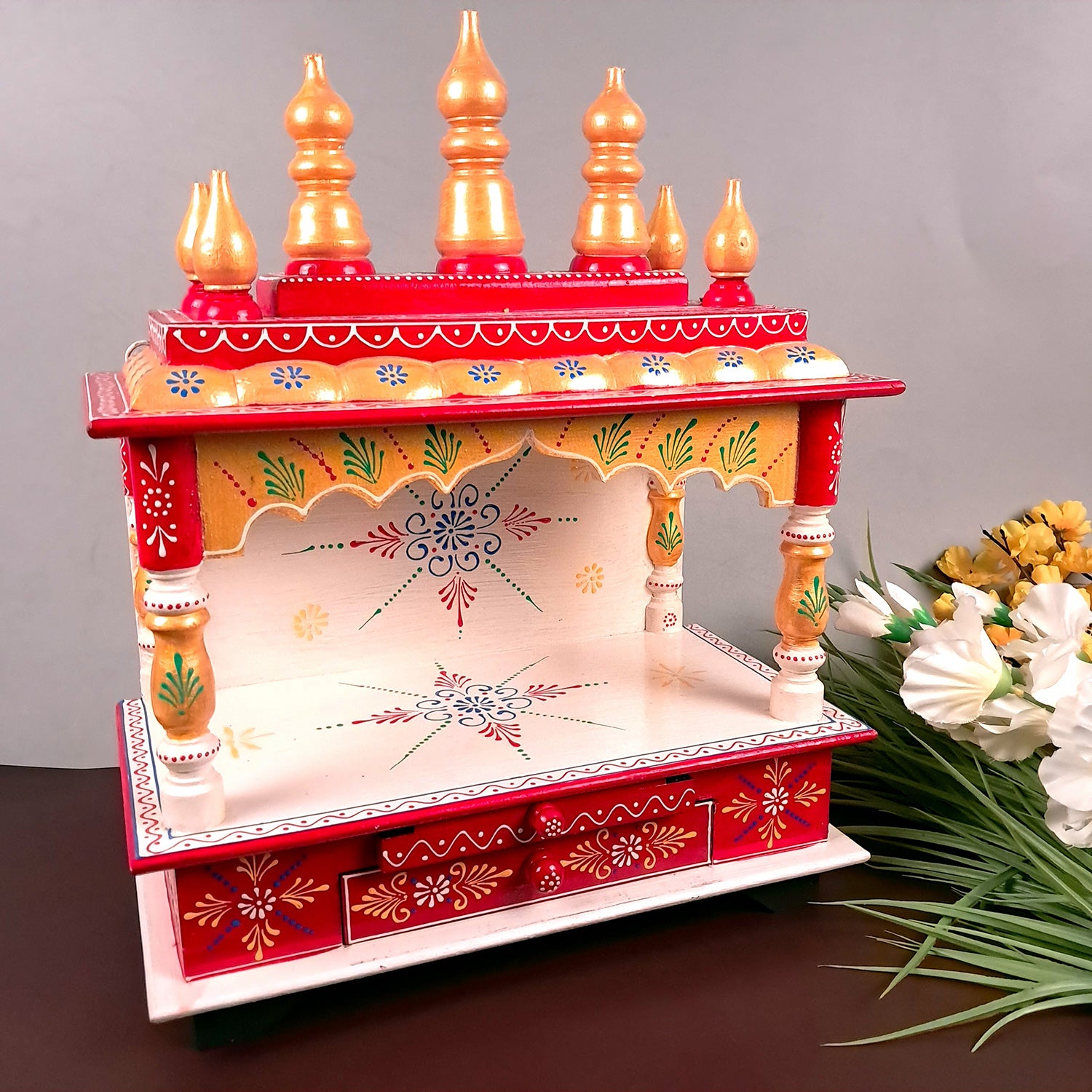 Home Temple Wooden | Pooja Mandir With Drawer & Sliding Plate for Keeping Diya & Agarbatti Stand – For God, House, Puja Ghar, Office & Shop - Apkamart #Color_White