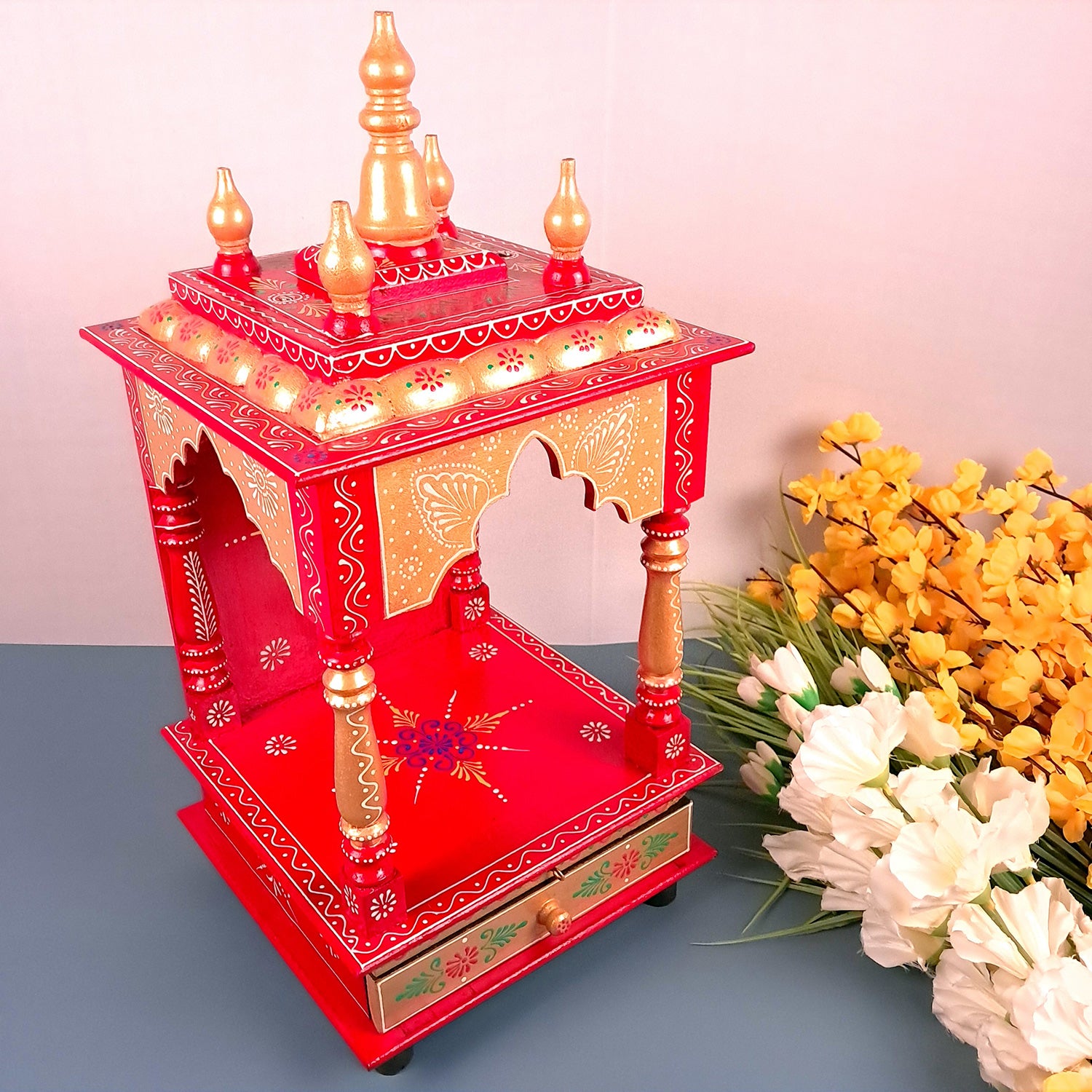 Pooja Temple With Drawer | Big Temple For Home With Storage | Wooden Mandir Stand | Puja Unit Wall Mounted – For House, Puja, Office & Shop - apkamart #Color_Red