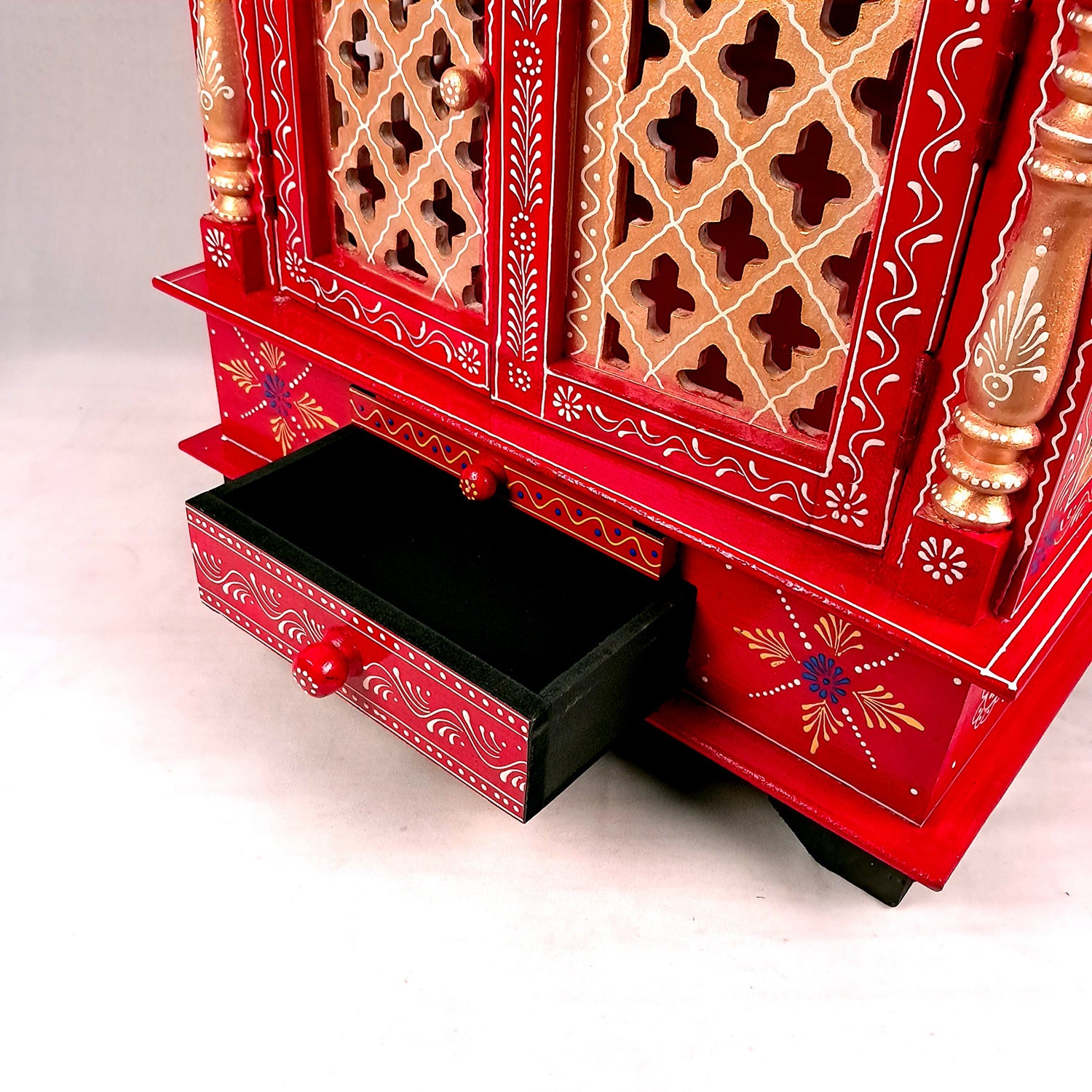 Home Temple Wooden | Pooja Mandir With Drawer & Sliding Plate for Keeping Diya & Agarbatti Stand With Door – For God, House, Puja Ghar, Office & Shop - Apkamart #color_Red