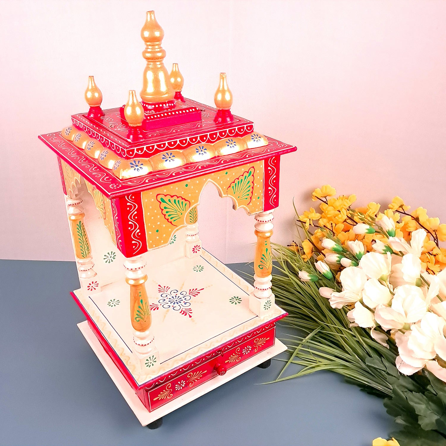 Pooja Temple With Drawer | Big Temple For Home With Storage | Wooden Mandir Stand | Puja Unit Wall Mounted – For House, Puja, Office & Shop - apkamart #Color_White