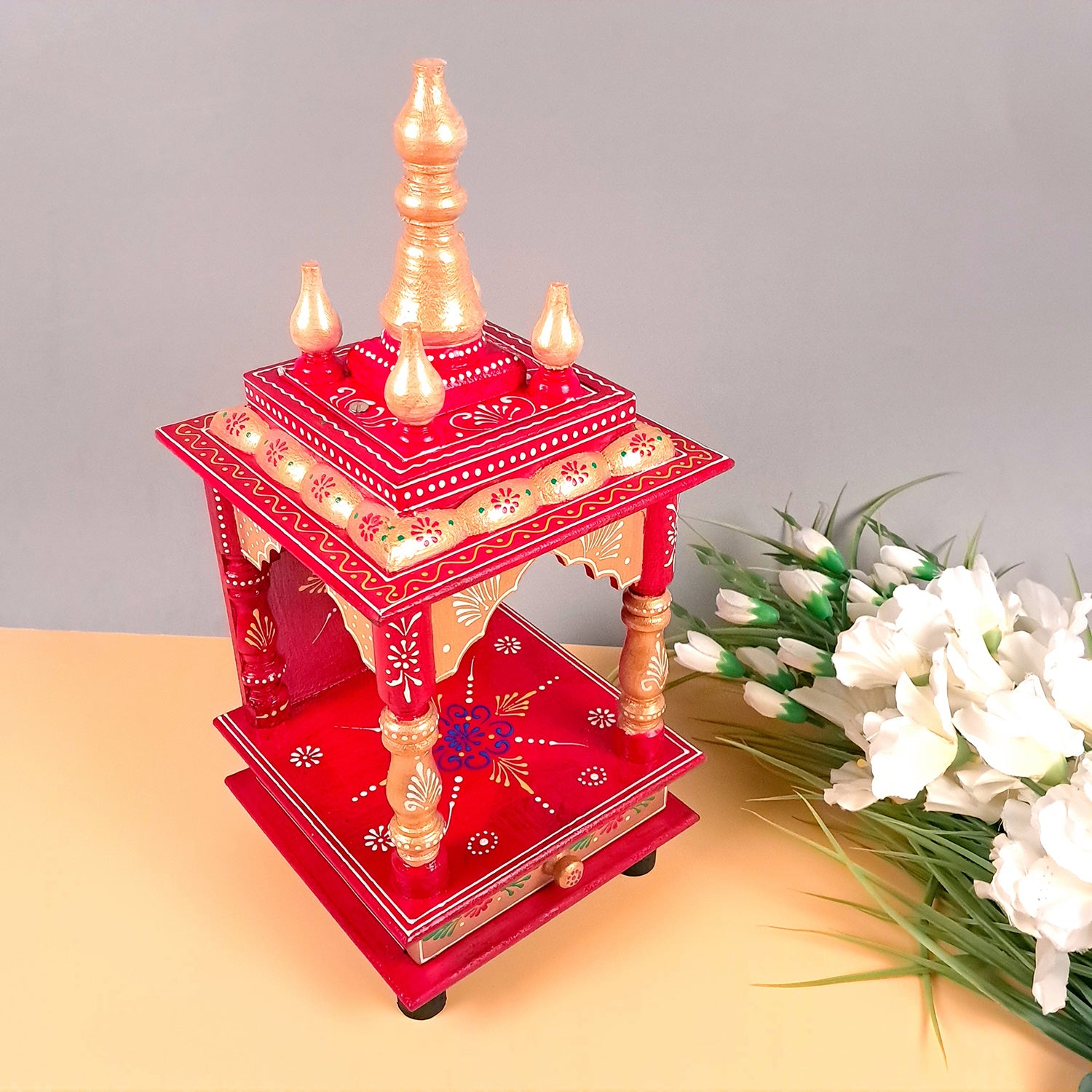 Pooja Mandir With Drawer | Home Temple Wooden Wall Mounted With Storage | Hanging Puja Stand / Unit - Apkamart #Color_Red