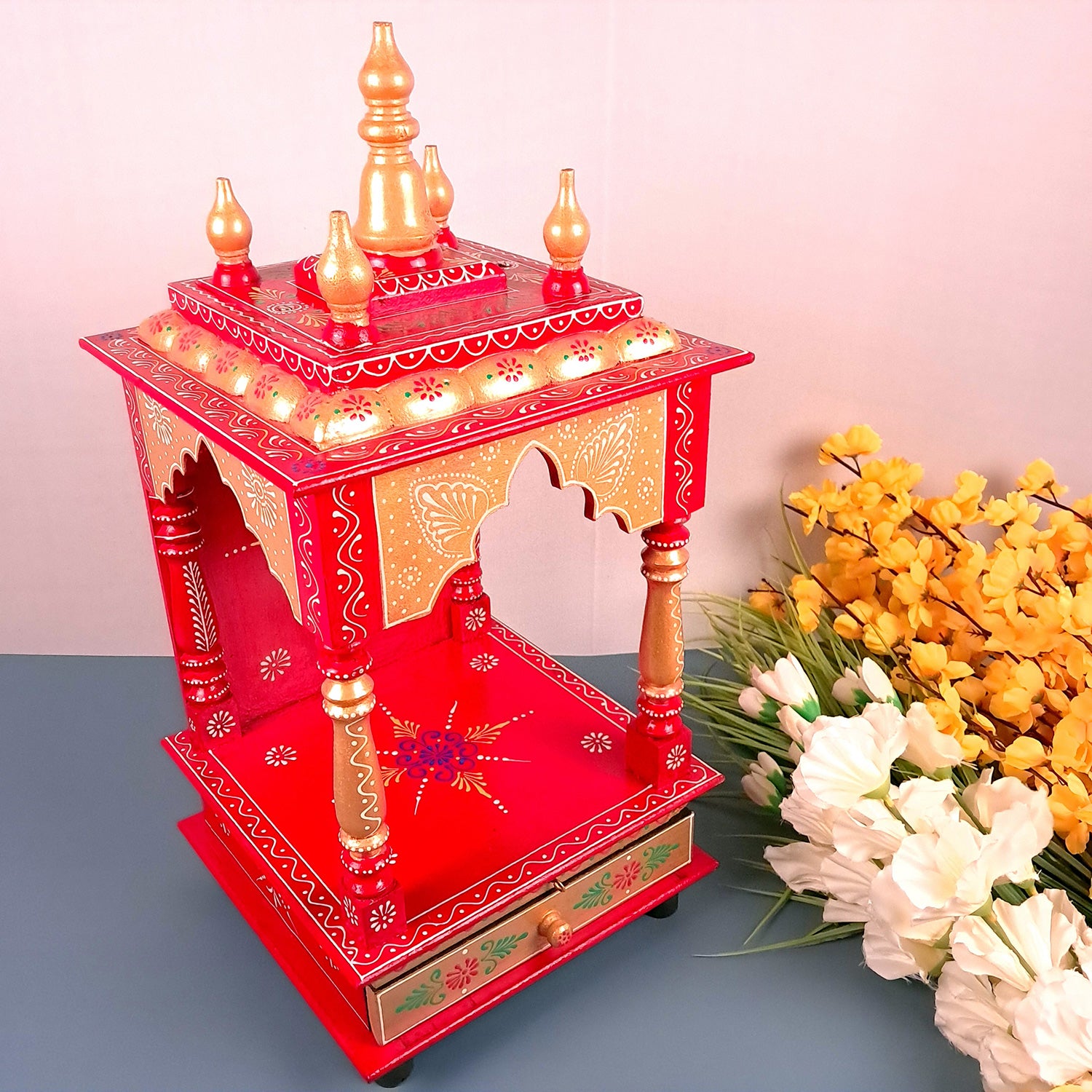 Pooja Temple With Drawer | Big Temple For Home With Storage | Wooden Mandir Stand | Puja Unit Wall Mounted – For House, Puja, Office & Shop - apkamart #Color_Red