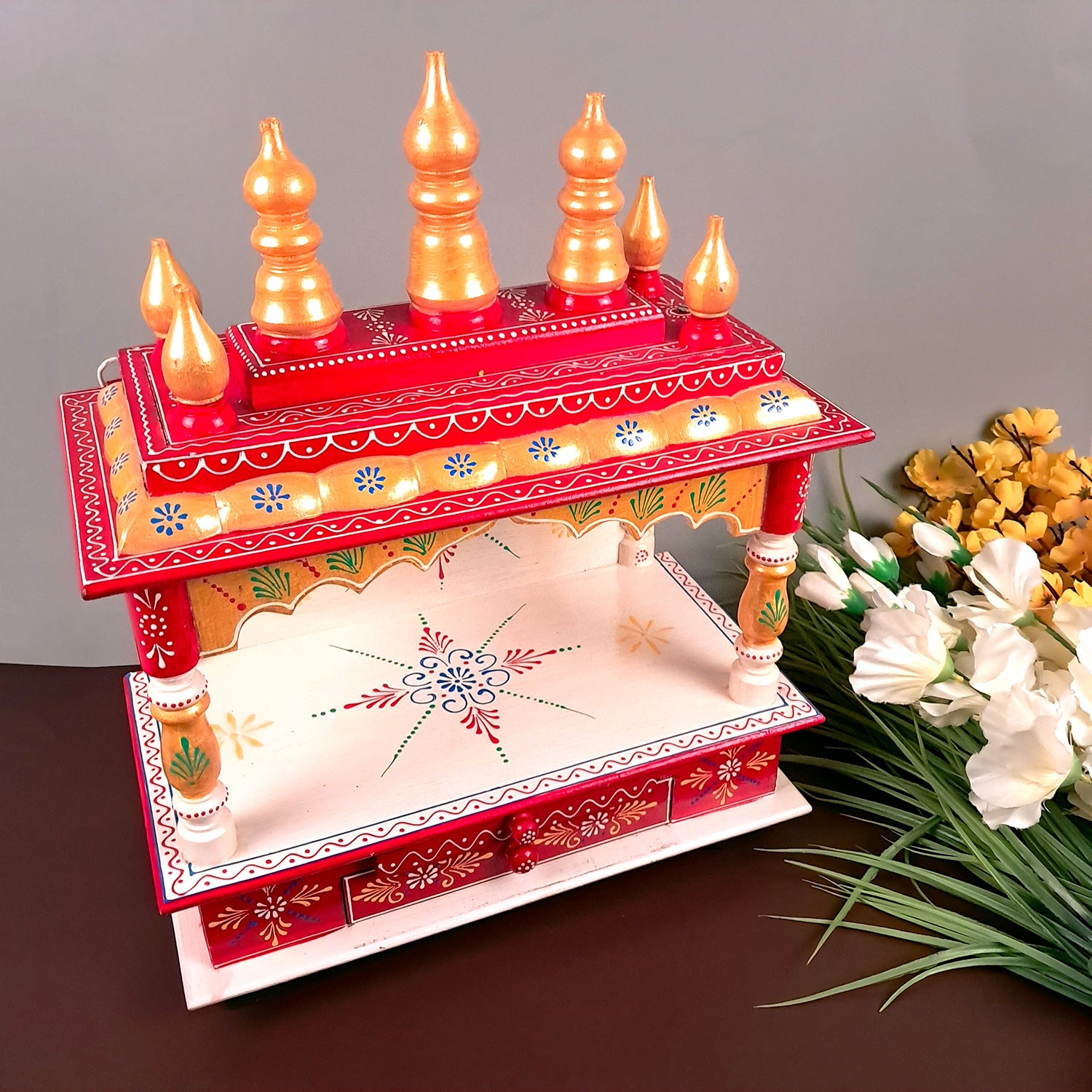 Home Temple Wooden | Pooja Mandir With Drawer & Sliding Plate for Keeping Diya & Agarbatti Stand – For God, House, Puja Ghar, Office & Shop - Apkamart #Color_White