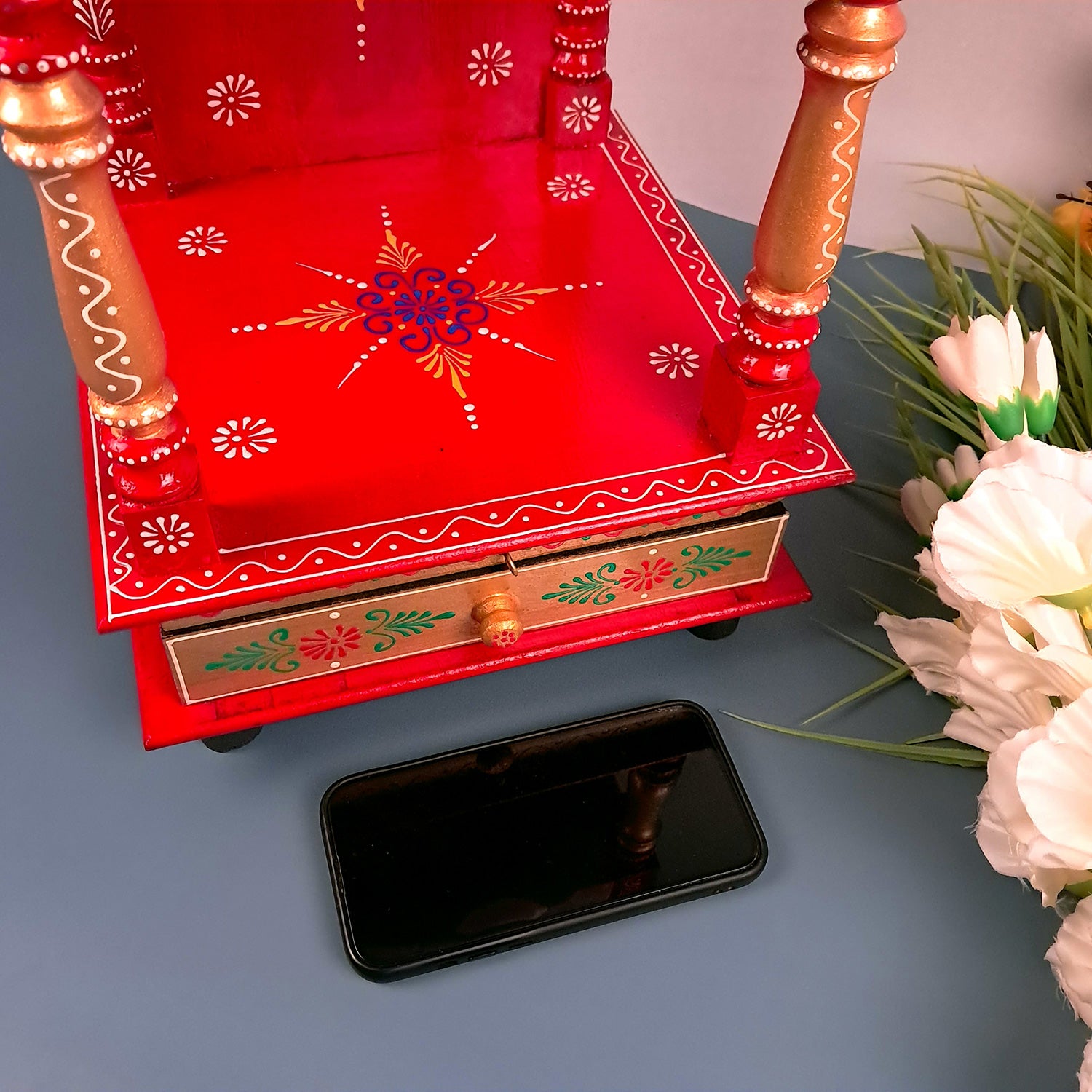 Pooja Temple With Drawer | Big Temple For Home With Storage | Wooden Mandir Stand | Puja Unit Wall Mounted – For House, Puja, Office & Shop - apkamart #Color_Red