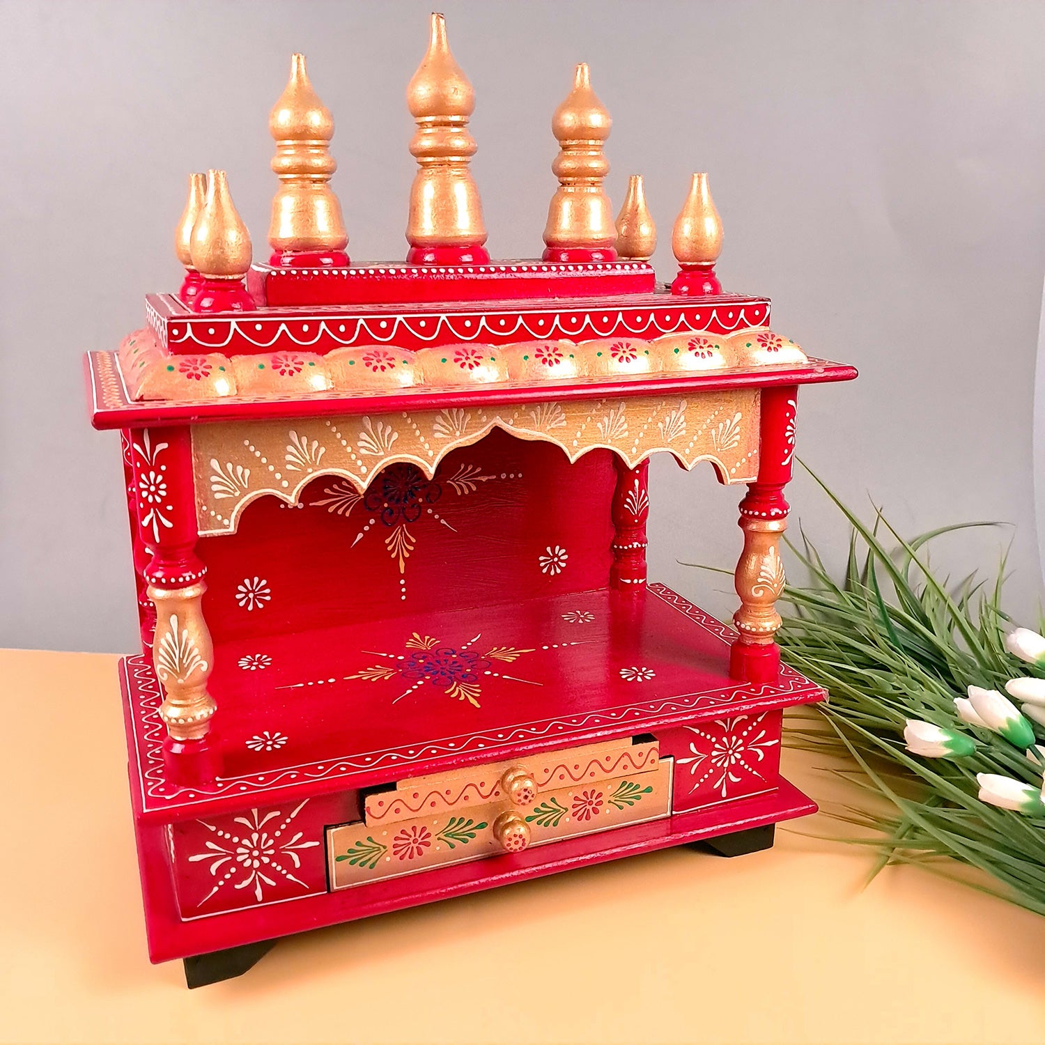 Home Temple Wooden | Pooja Mandir With Drawer & Sliding Plate for Keeping Diya & Agarbatti Stand – For God, House, Puja Ghar, Office & Shop - Apkamart #Color_Red