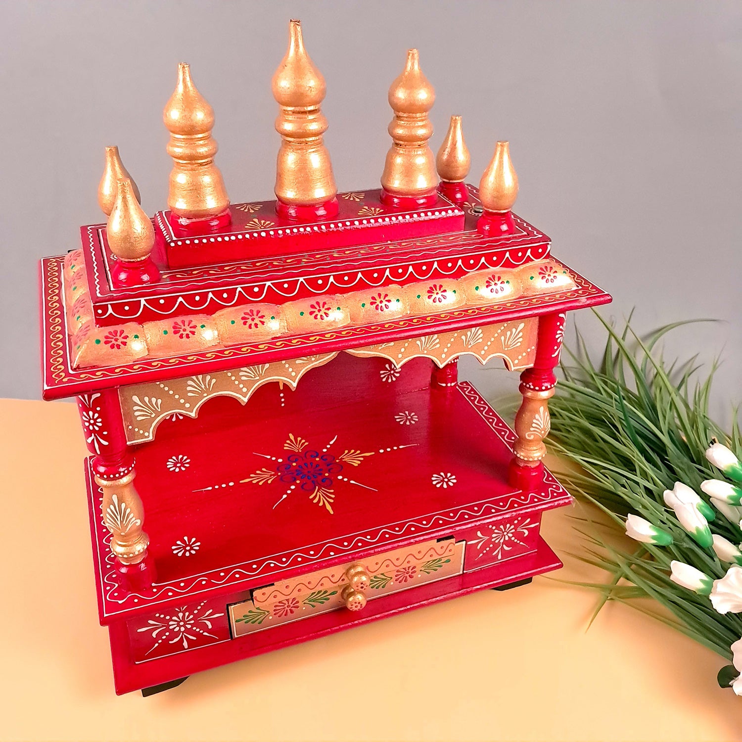 Home Temple Wooden | Pooja Mandir With Drawer & Sliding Plate for Keeping Diya & Agarbatti Stand – For God, House, Puja Ghar, Office & Shop - Apkamart #Color_Red