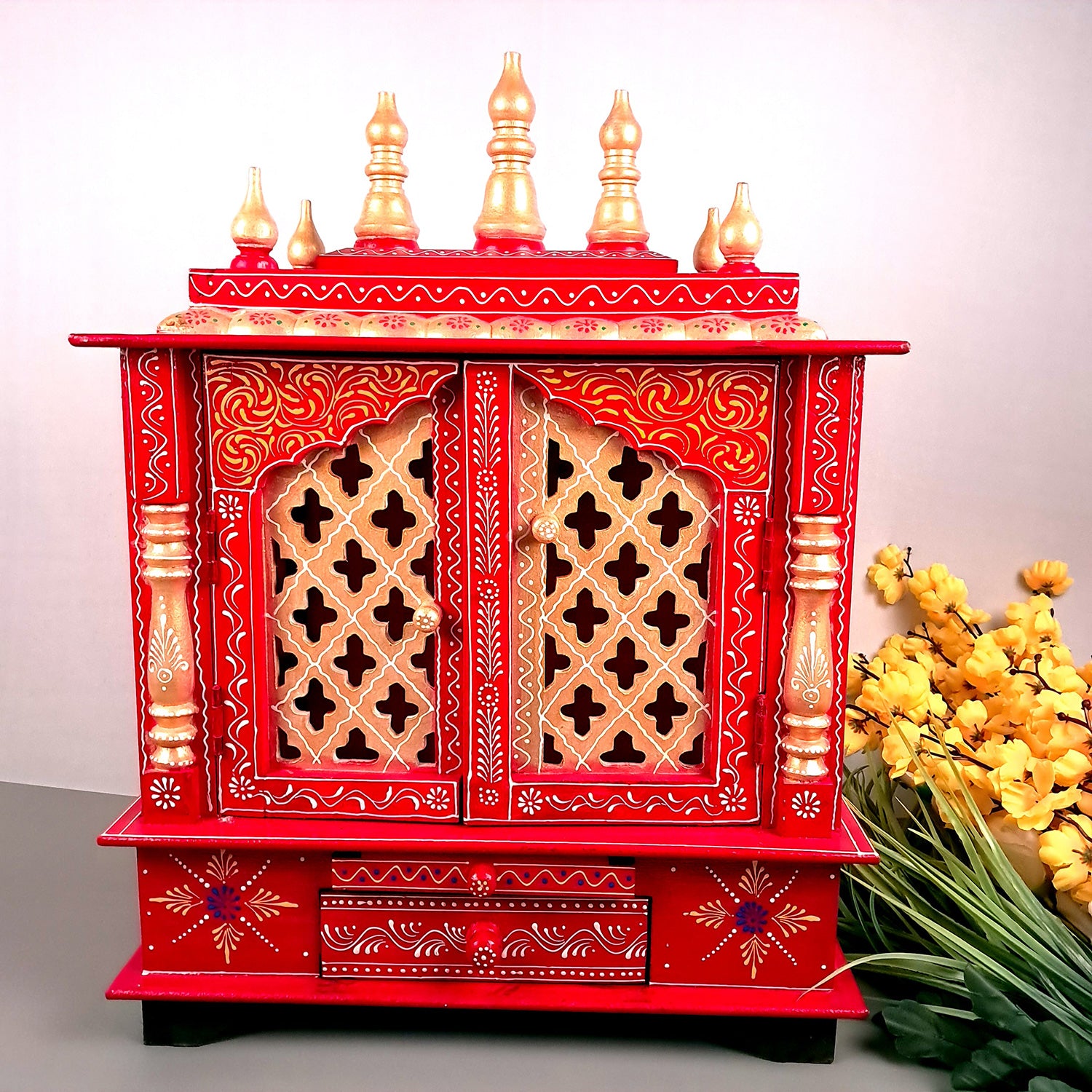 Home Temple Wooden | Pooja Mandir With Drawer & Sliding Plate for Keeping Diya & Agarbatti Stand With Door – For God, House, Puja Ghar, Office & Shop - Apkamart #color_Red