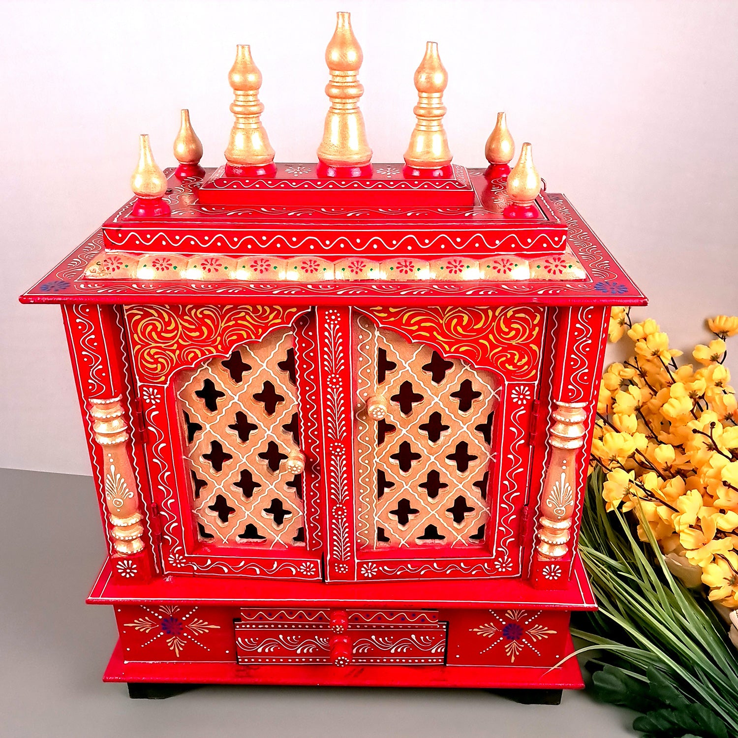 Home Temple Wooden | Pooja Mandir With Drawer & Sliding Plate for Keeping Diya & Agarbatti Stand With Door – For God, House, Puja Ghar, Office & Shop - Apkamart #color_Red