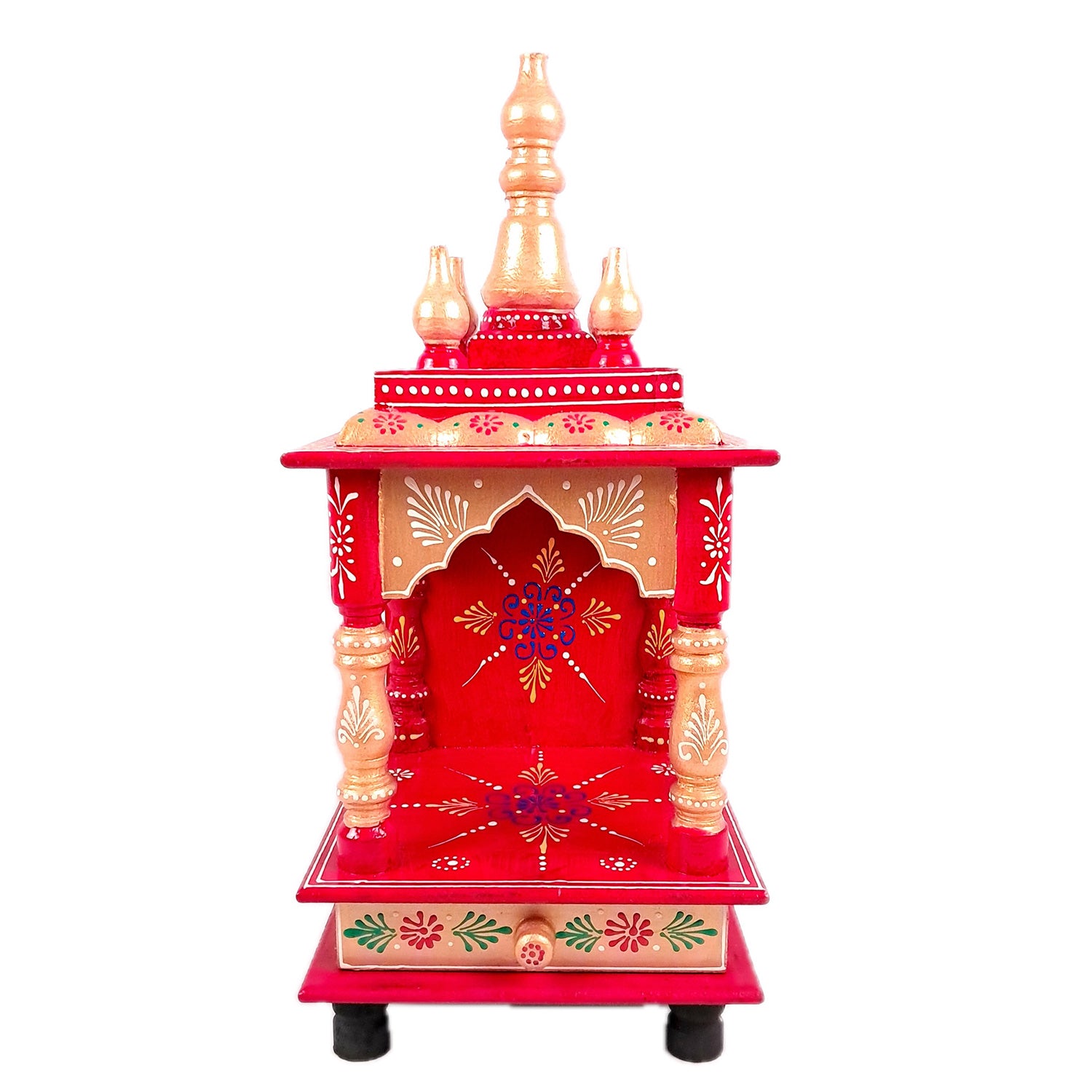 Pooja Mandir With Drawer | Home Temple Wooden Wall Mounted With Storage | Hanging Puja Stand / Unit - Apkamart #Color_Red