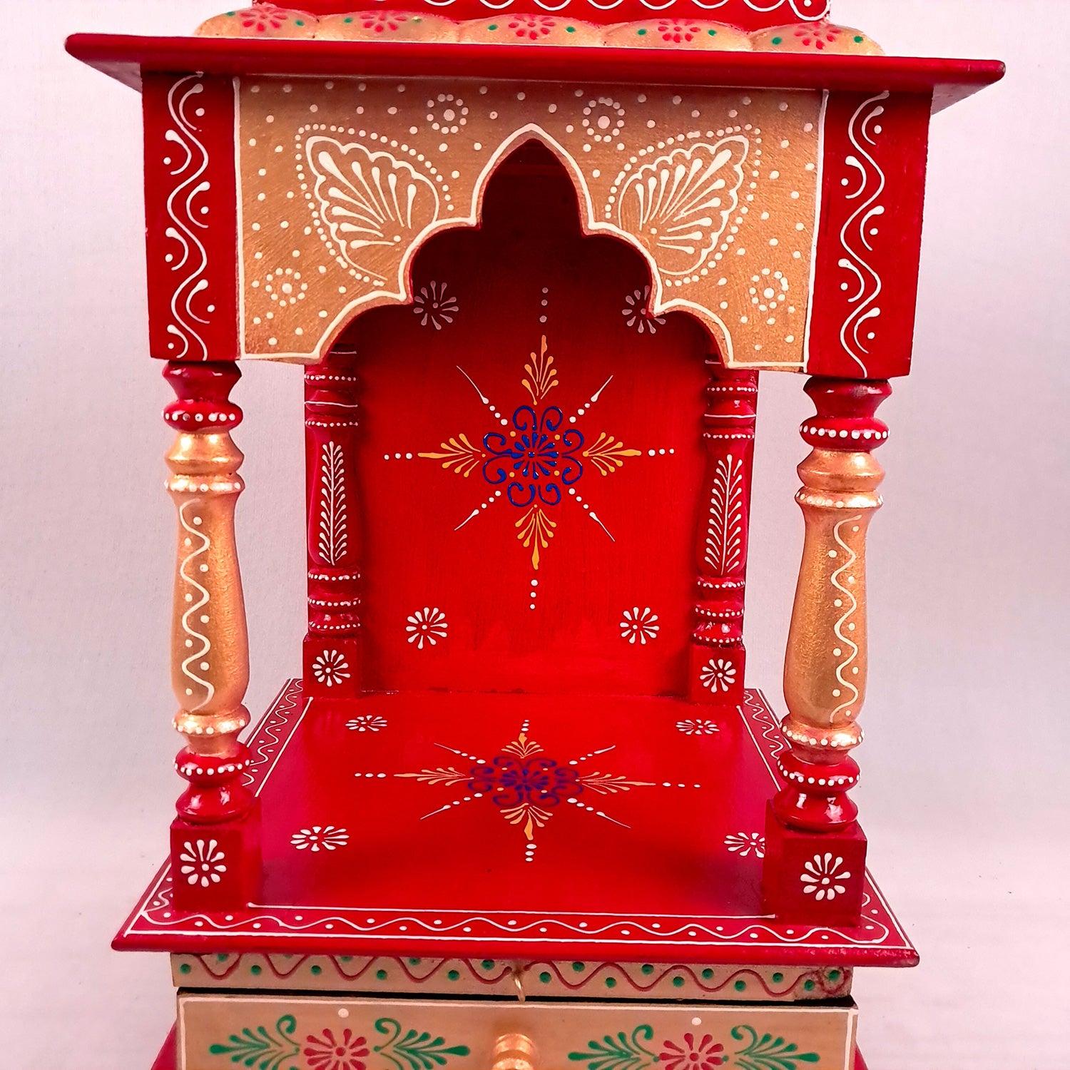 Pooja Temple With Drawer | Big Temple For Home With Storage | Wooden Mandir Stand | Puja Unit Wall Mounted – For House, Puja, Office & Shop - apkamart #Color_Red