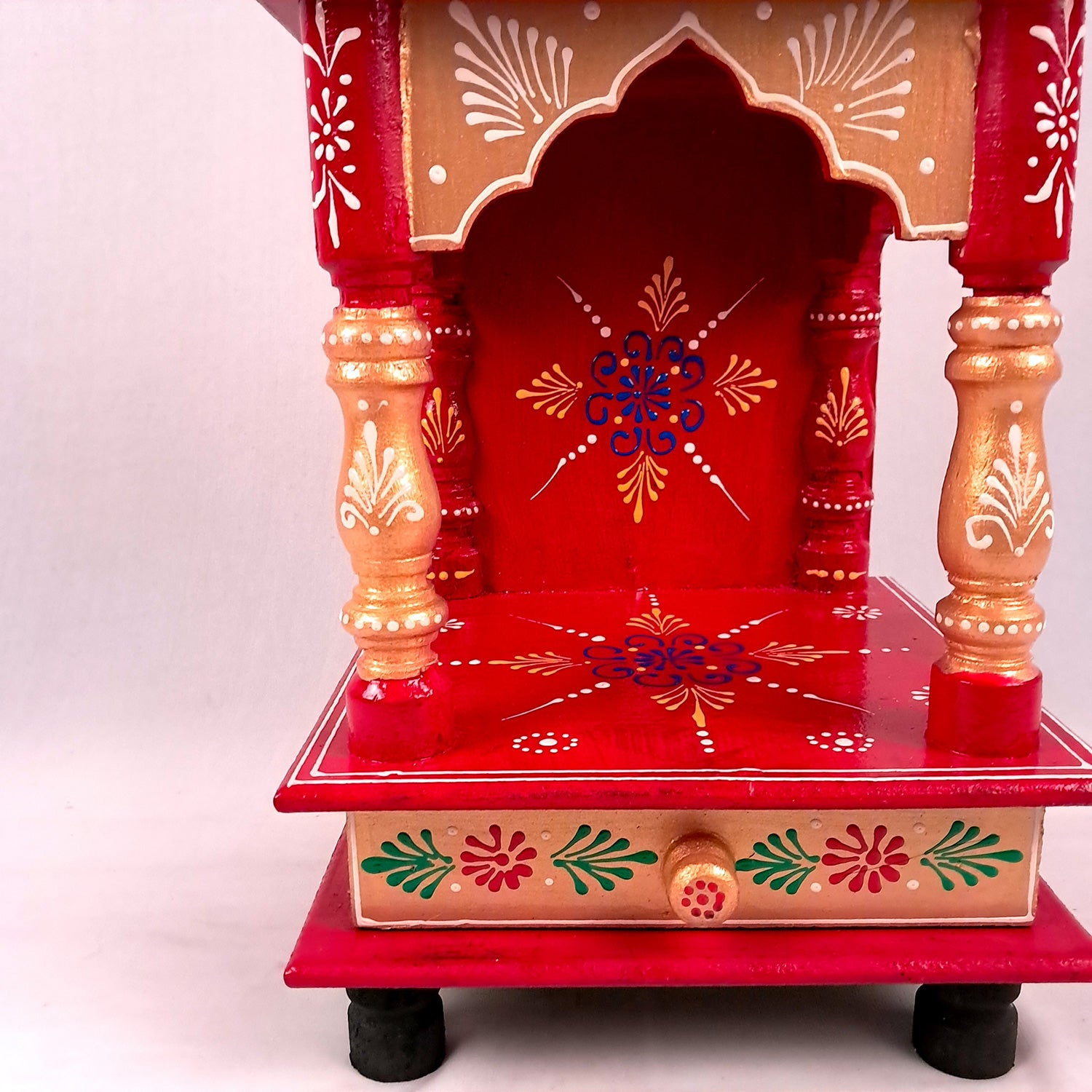 Pooja Mandir With Drawer | Home Temple Wooden Wall Mounted With Storage | Hanging Puja Stand / Unit - Apkamart #Color_Red