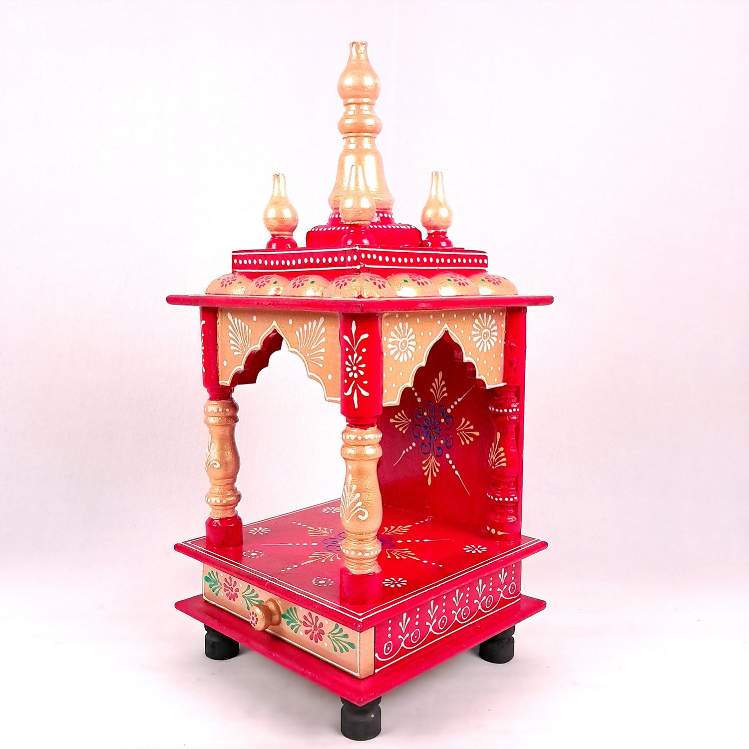 Pooja Mandir With Drawer | Home Temple Wooden Wall Mounted With Storage | Hanging Puja Stand / Unit - Apkamart #Color_Red