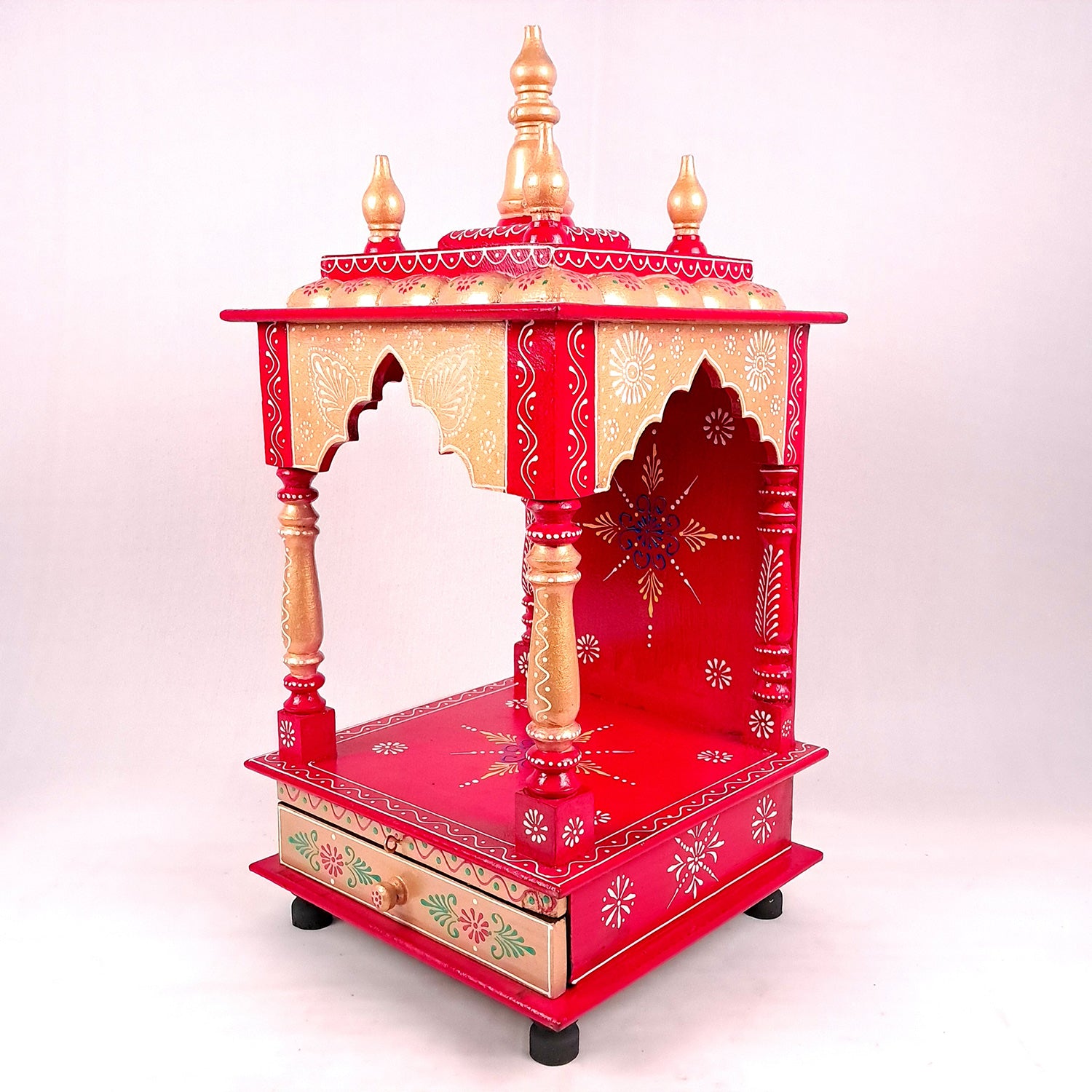 Pooja Temple With Drawer | Big Temple For Home With Storage | Wooden Mandir Stand | Puja Unit Wall Mounted – For House, Puja, Office & Shop - apkamart #Color_Red