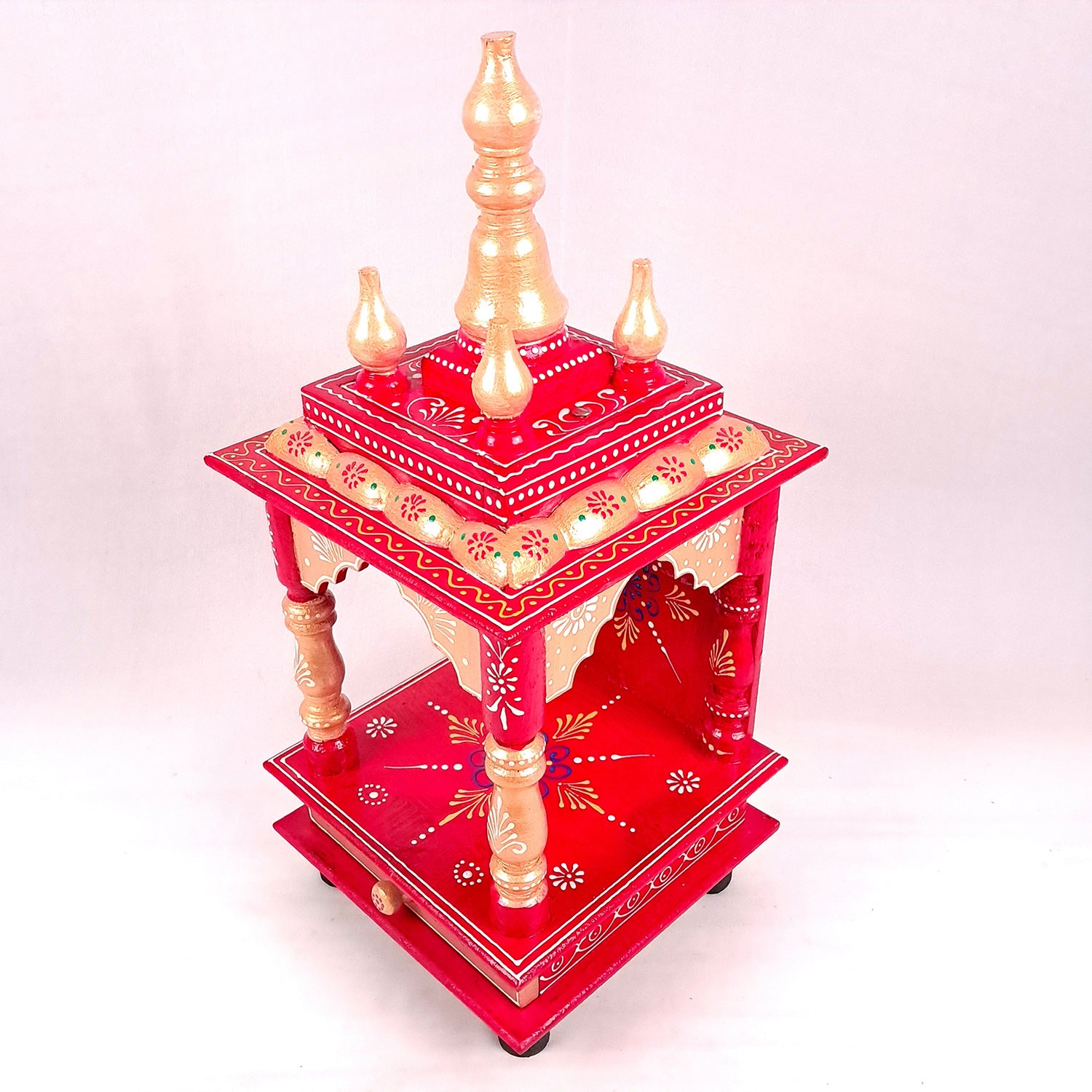 Pooja Mandir With Drawer | Home Temple Wooden Wall Mounted With Storage | Hanging Puja Stand / Unit - Apkamart #Color_Red