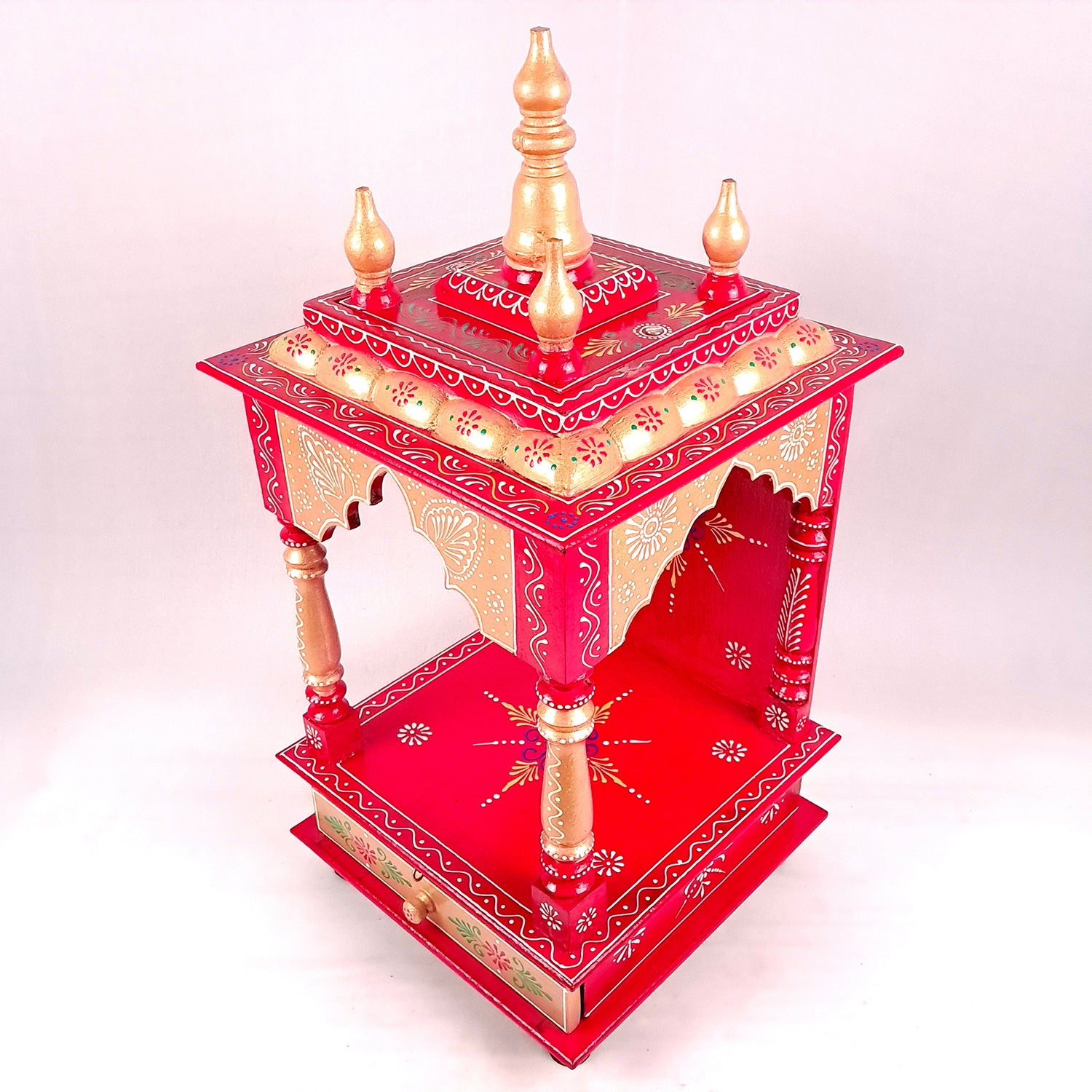 Pooja Temple With Drawer | Big Temple For Home With Storage | Wooden Mandir Stand | Puja Unit Wall Mounted – For House, Puja, Office & Shop - apkamart #Color_Red