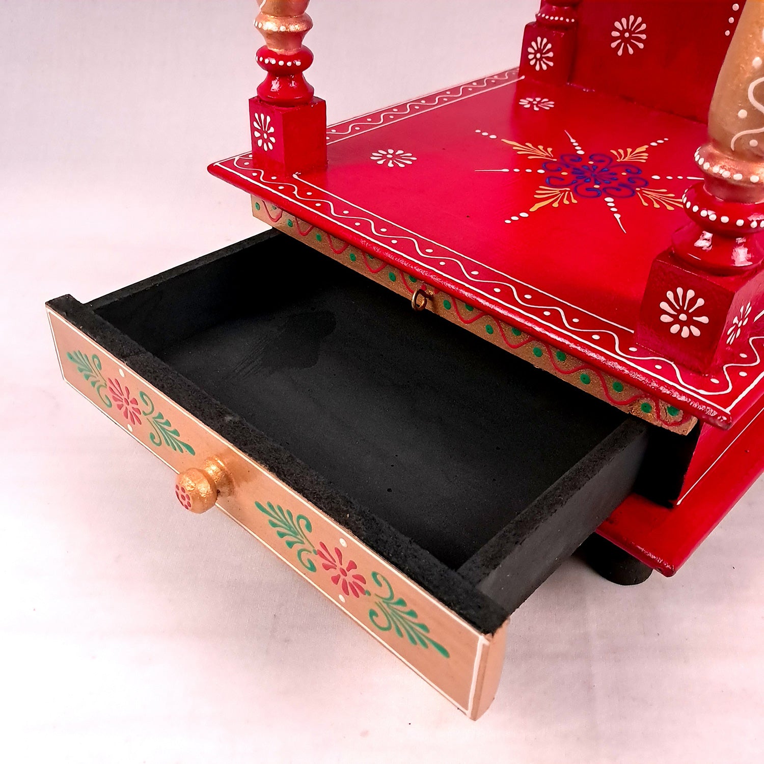 Pooja Temple With Drawer | Big Temple For Home With Storage | Wooden Mandir Stand | Puja Unit Wall Mounted – For House, Puja, Office & Shop - apkamart #Color_Red