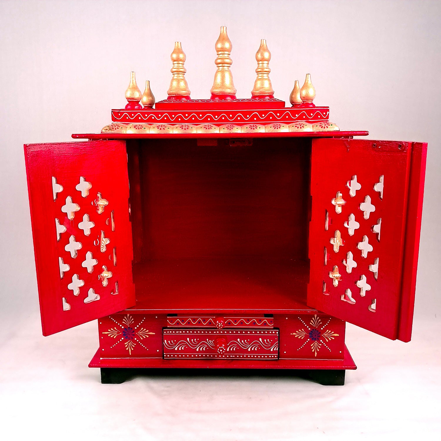 Home Temple Wooden | Pooja Mandir With Drawer & Sliding Plate for Keeping Diya & Agarbatti Stand With Door – For God, House, Puja Ghar, Office & Shop - Apkamart #color_Red