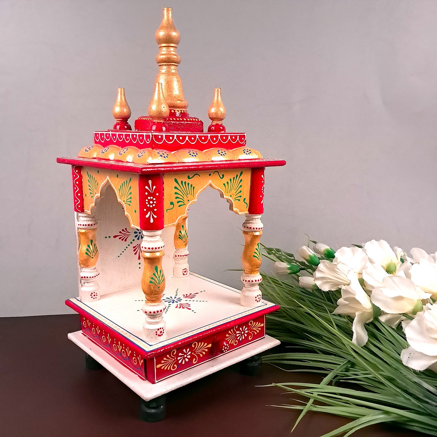 Pooja Mandir With Drawer | Home Temple Wooden Wall Mounted With Storage | Hanging Puja Stand / Unit - Apkamart #Color_White