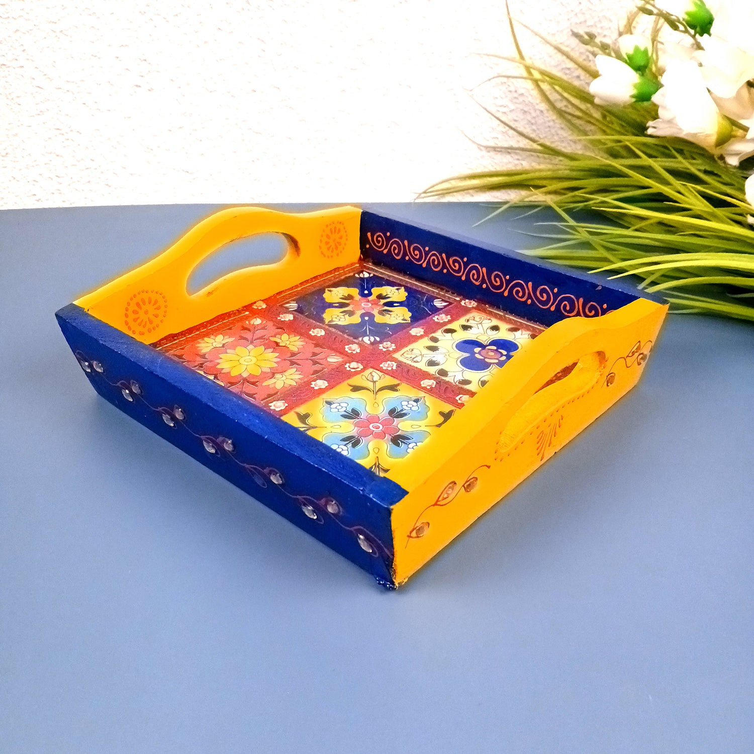 Tray With Ceramic Tiles | Tea & Snacks Serving Platter With Vibrant Colors - for Home, Dining Table, Kitchen Decor, Restaurants, Office, Cafe & Gifts - 8 Inch - Apkamart