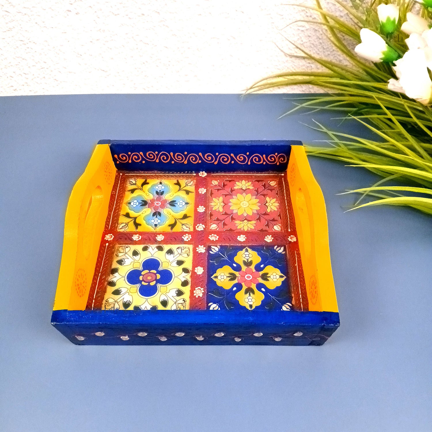 Tray With Ceramic Tiles | Tea & Snacks Serving Platter With Vibrant Colors - for Home, Dining Table, Kitchen Decor, Restaurants, Office, Cafe & Gifts - 8 Inch - Apkamart