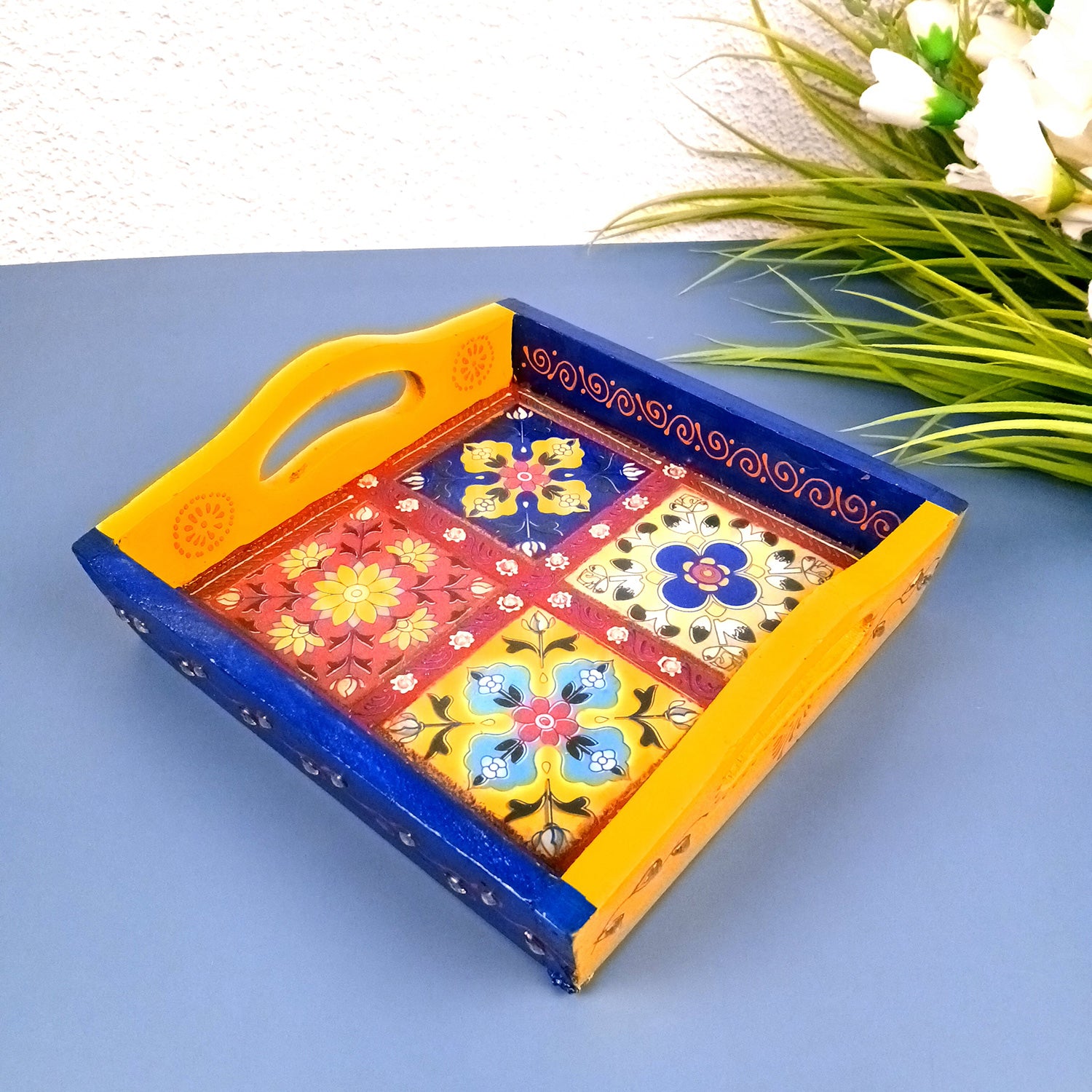 Tray With Ceramic Tiles | Tea & Snacks Serving Platter With Vibrant Colors - for Home, Dining Table, Kitchen Decor, Restaurants, Office, Cafe & Gifts - 8 Inch - Apkamart