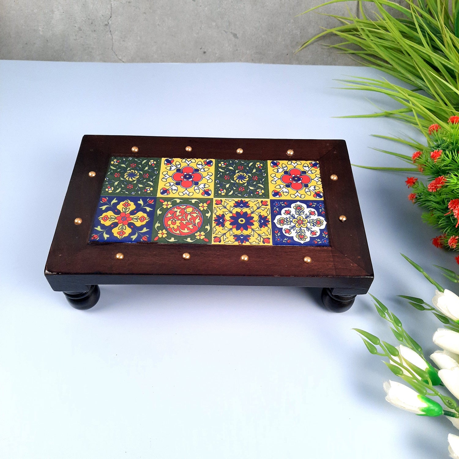 Tile Chowki - Bajot For Pooja & Home Decor - 10 Inch - apkamart